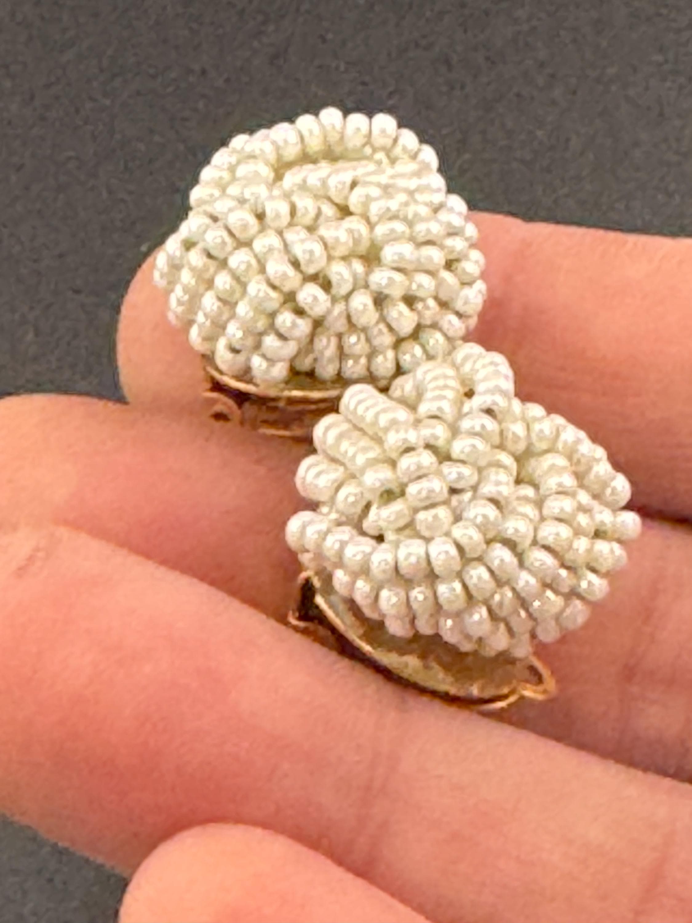 Vintage cream glass seed beaded KNOT Cluster turban earrings studs clip on  Earrings