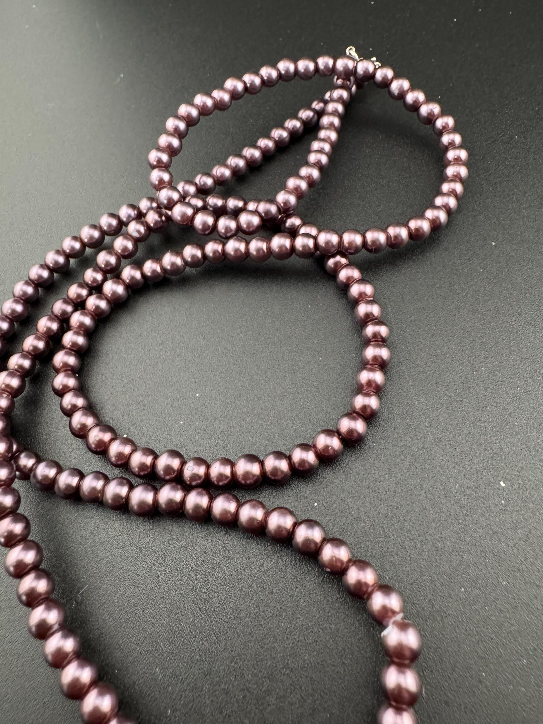 Vintage dark purple freshwater pearl beaded long layering necklace 80cm