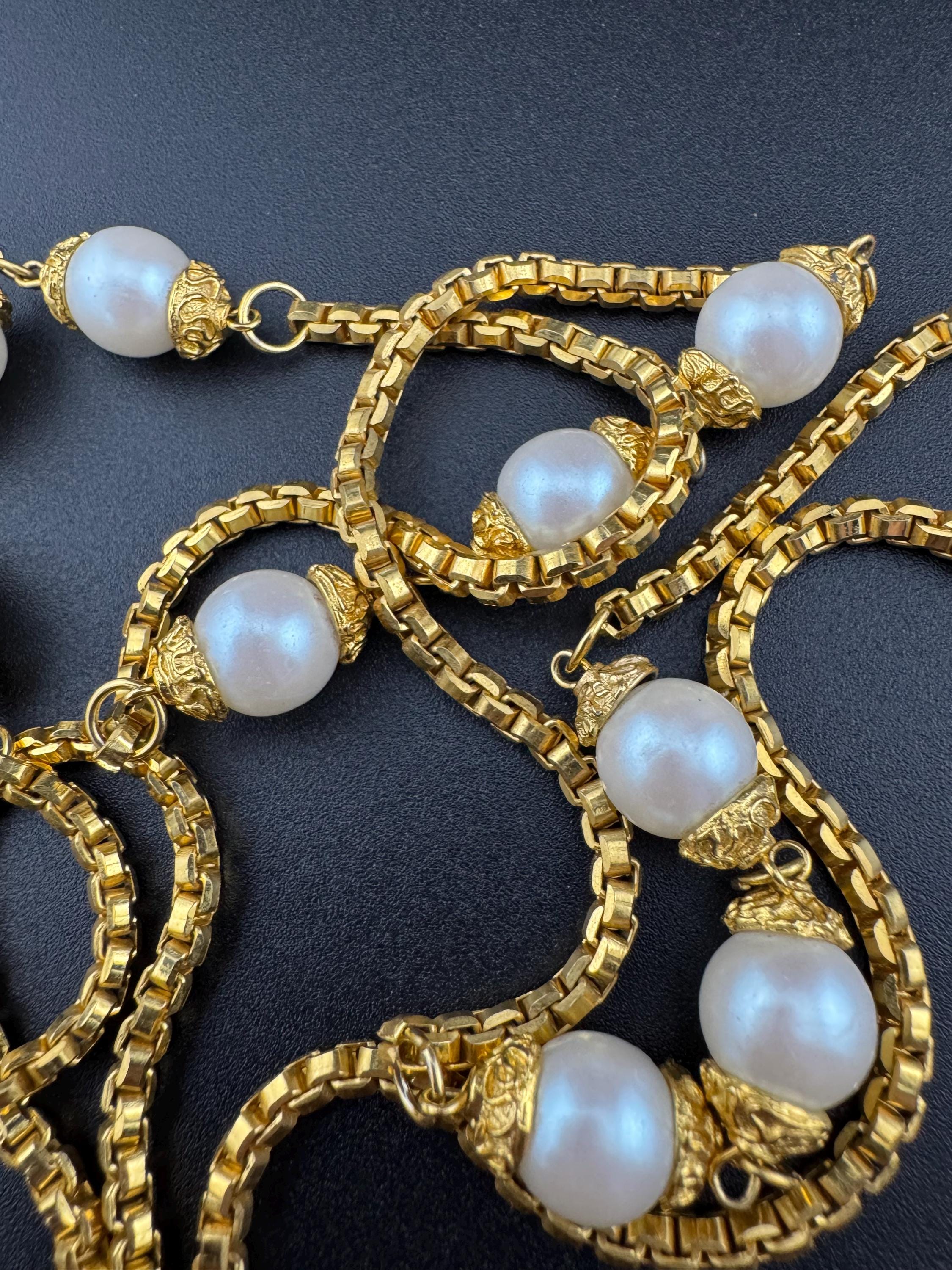 faux white pearl chunky beaded station box chain link long necklace Vintage gold tone