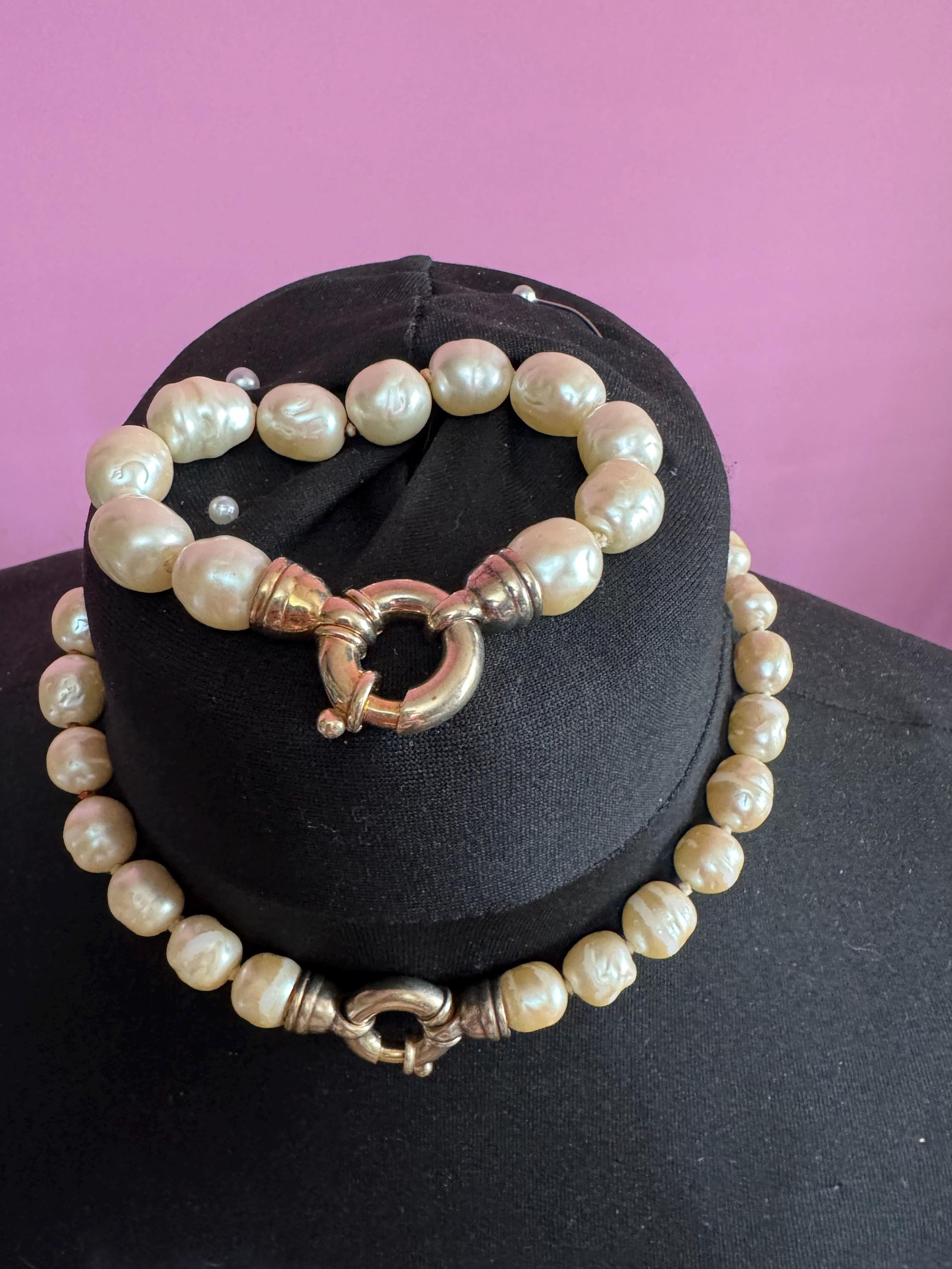 Retro y2k oversized faux glass cream pearl beaded necklace and matching bracelet jewellery set big spring ring