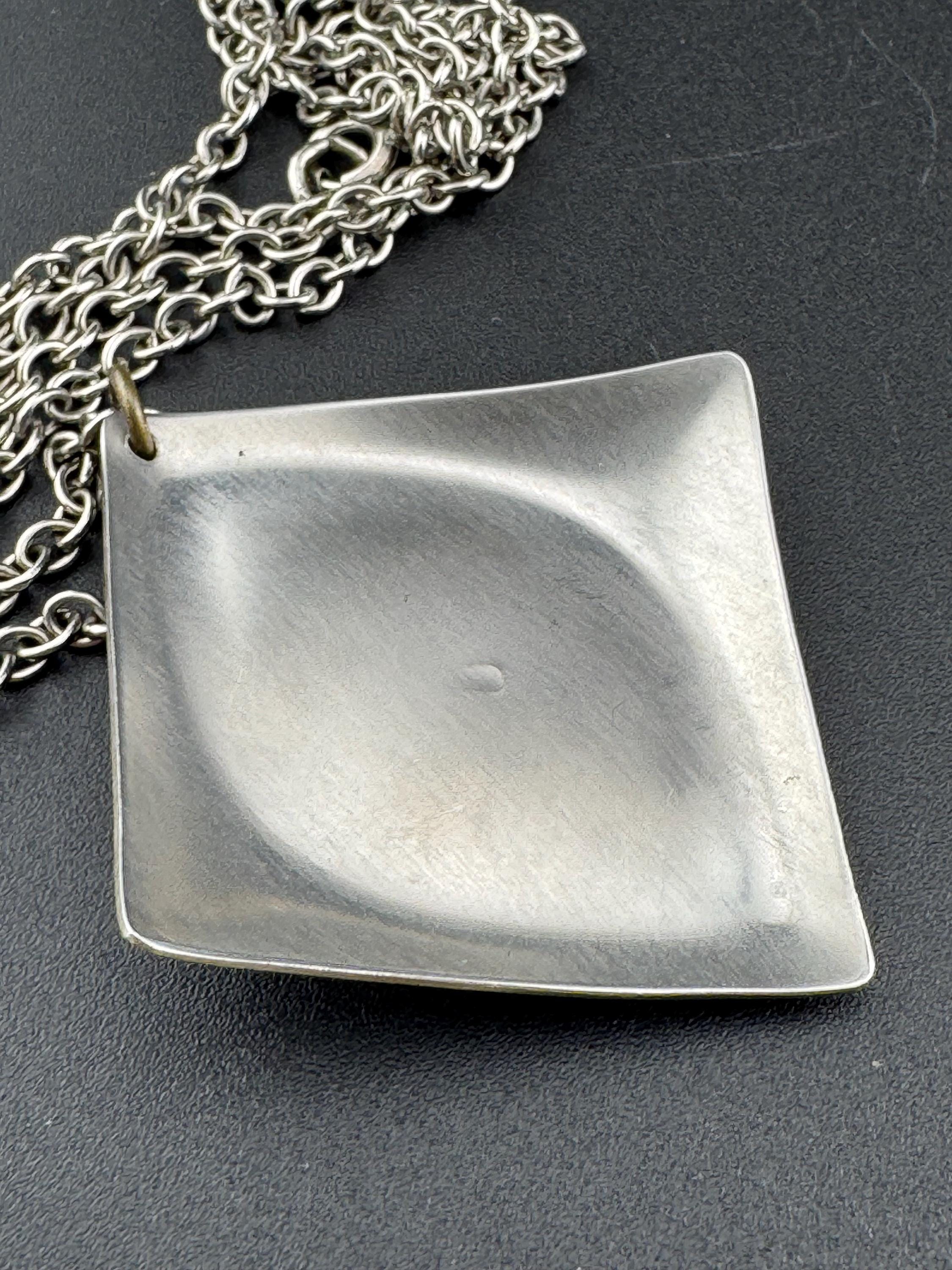 Vintage Modernist silver tone stainless Steel pendant necklace 72cm central MOP pearl abalone shell Mid Century 1960s 1970s