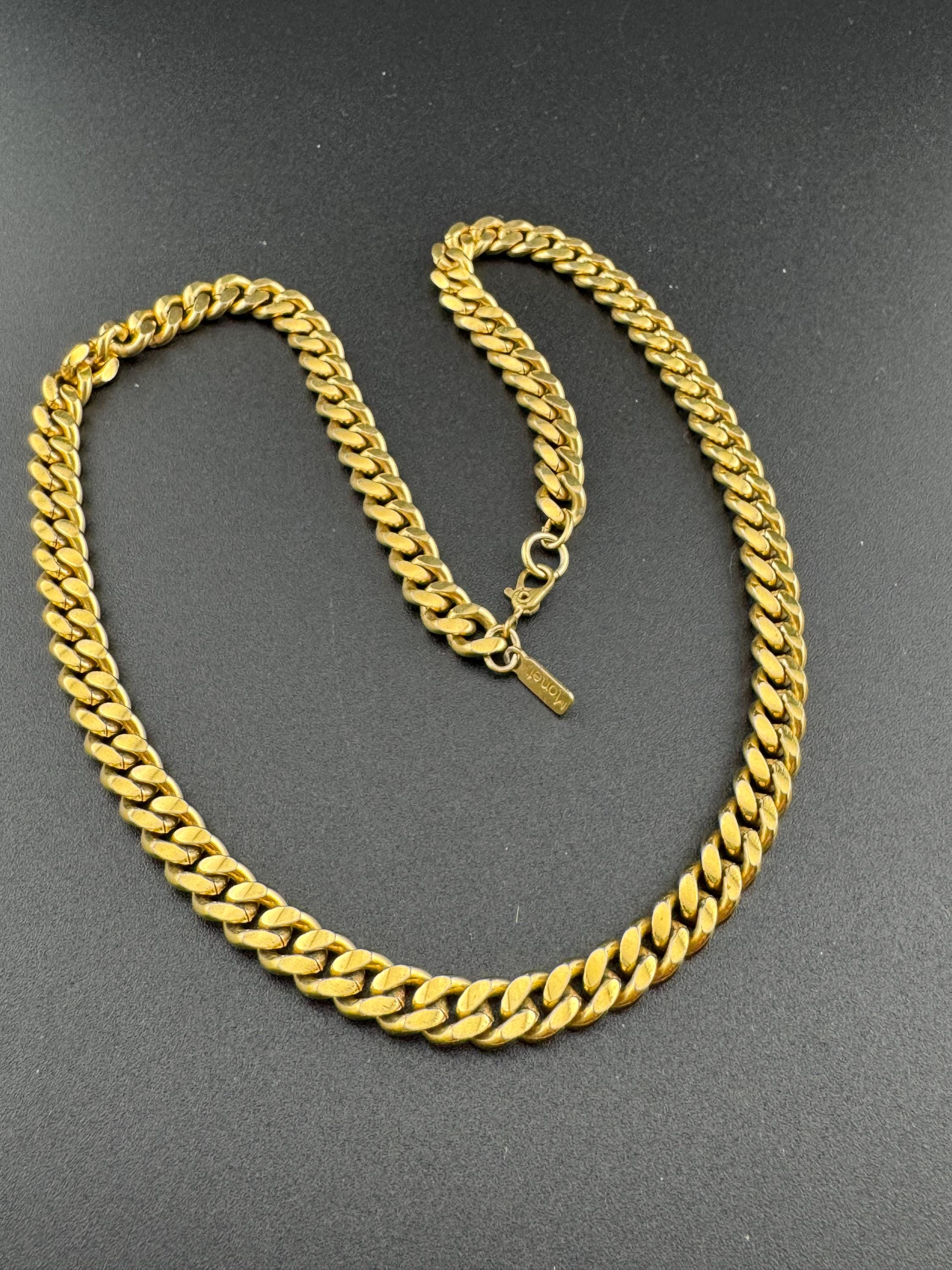 Signed MONET high end vintage gold tone chunky flat curb chain necklace 46cm