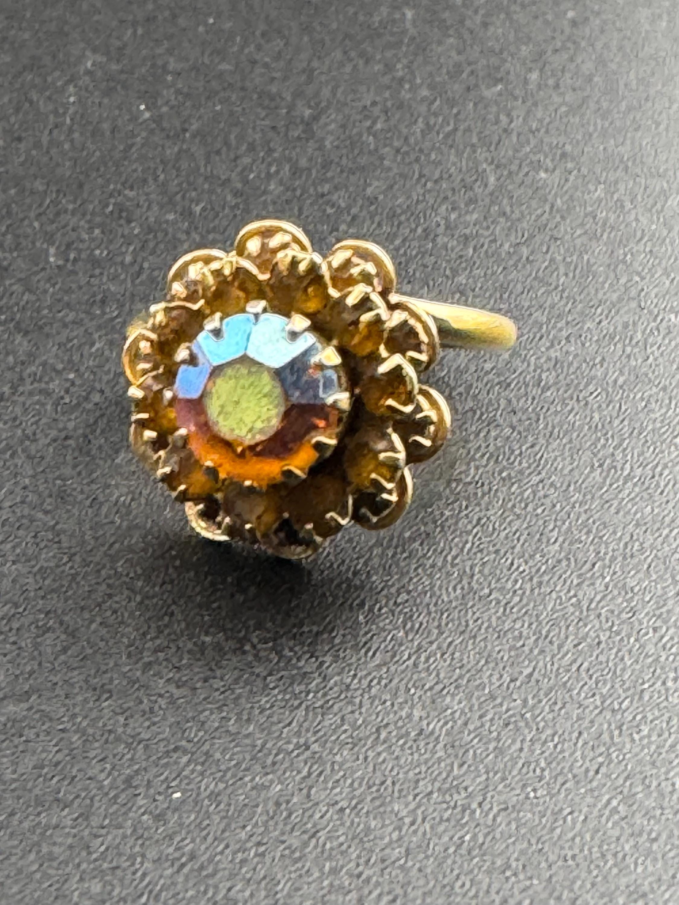 Signed sarah Coventry Blossom range gold tone AB crystal rhinestone adjustable amber paste set cocktail ring size M N O