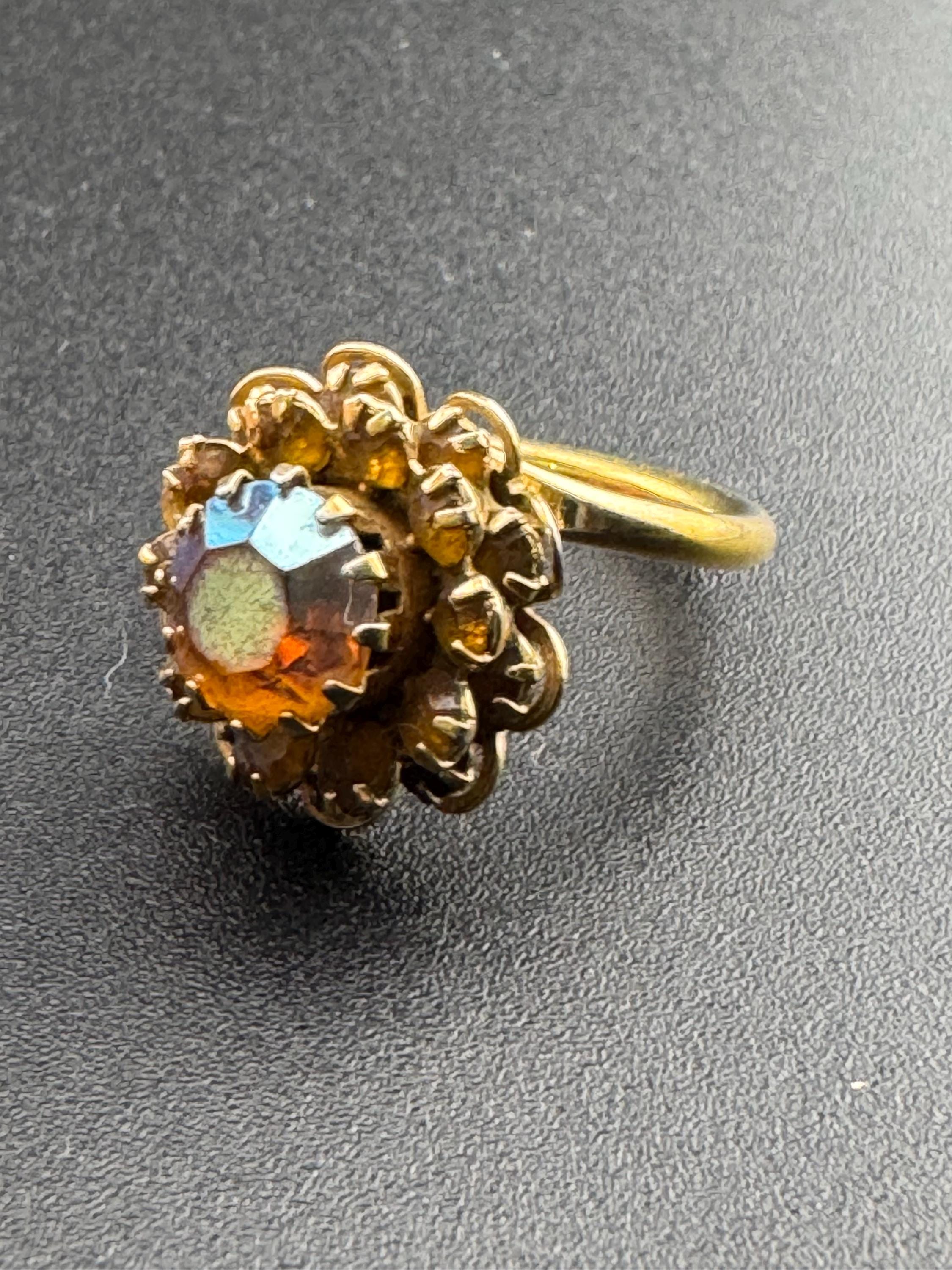 Signed sarah Coventry Blossom range gold tone AB crystal rhinestone adjustable amber paste set cocktail ring size M N O