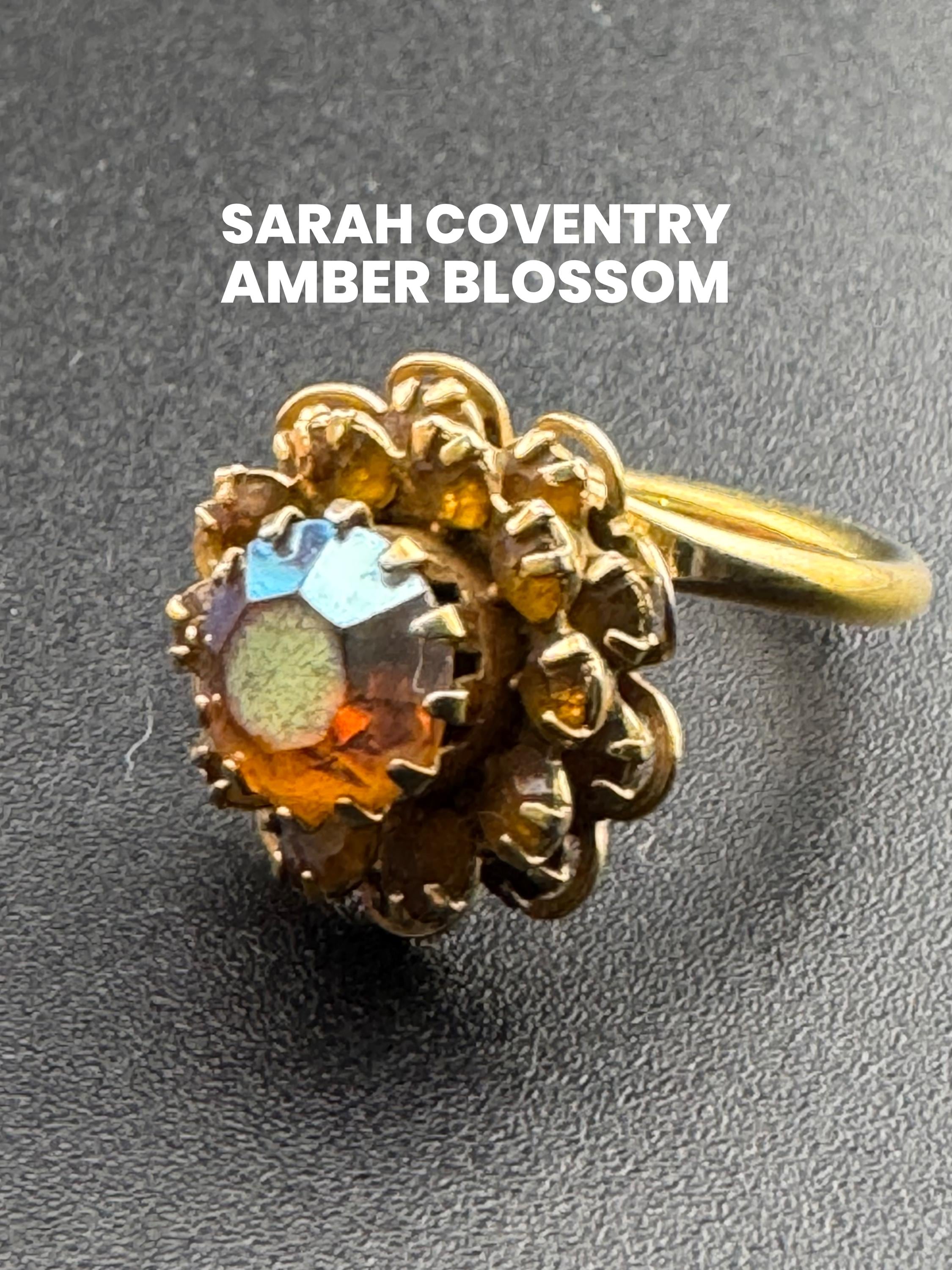 Signed sarah Coventry Blossom range gold tone AB crystal rhinestone adjustable amber paste set cocktail ring size M N O