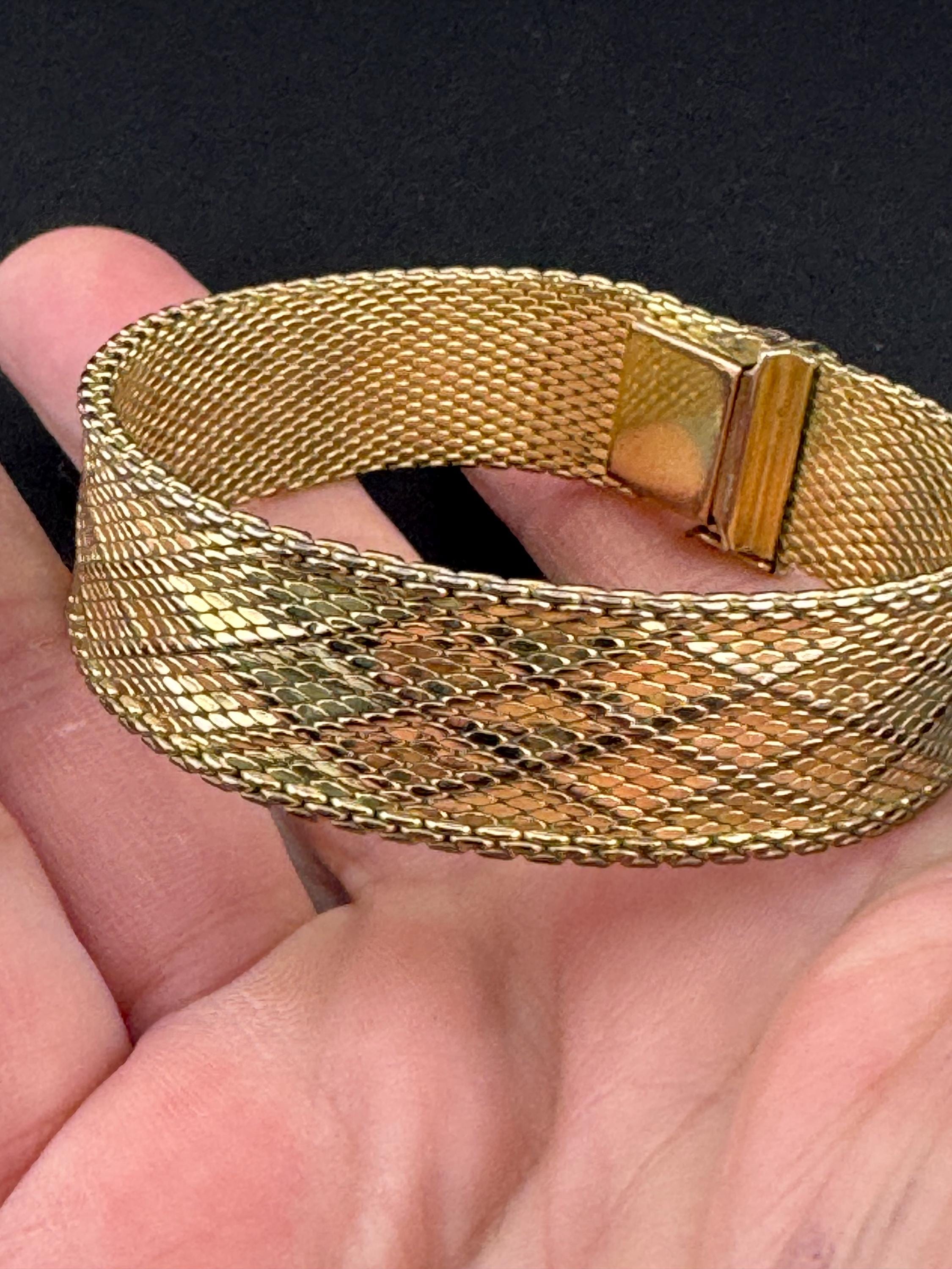 Signed AMERIKANER A&D Andreas Daub German Designer 1970s articulated wide woven mesh gold plated cuff bracelet