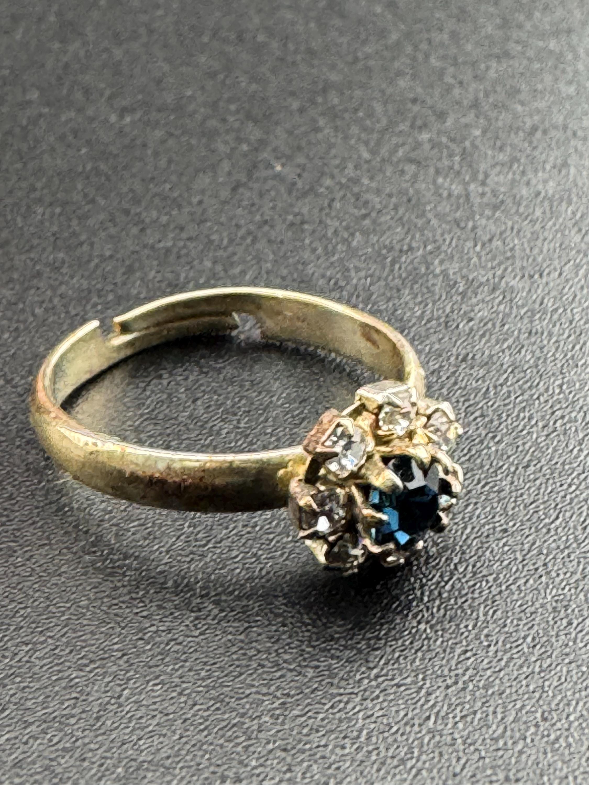 Dark Sapphire blue glass diamanté vintage dainty dress ring gold tone Adjustable mid century