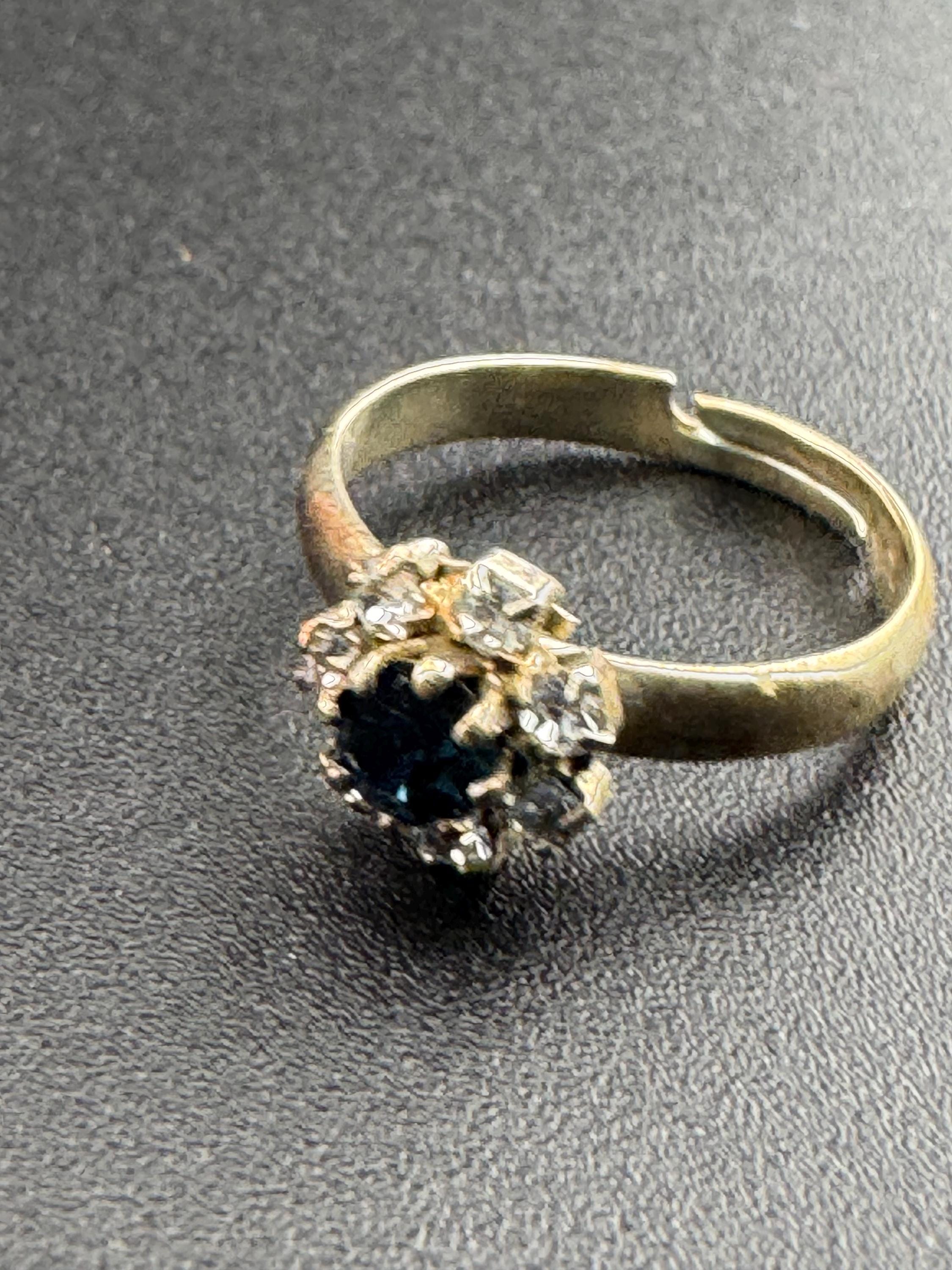 Dark Sapphire blue glass diamanté vintage dainty dress ring gold tone Adjustable mid century