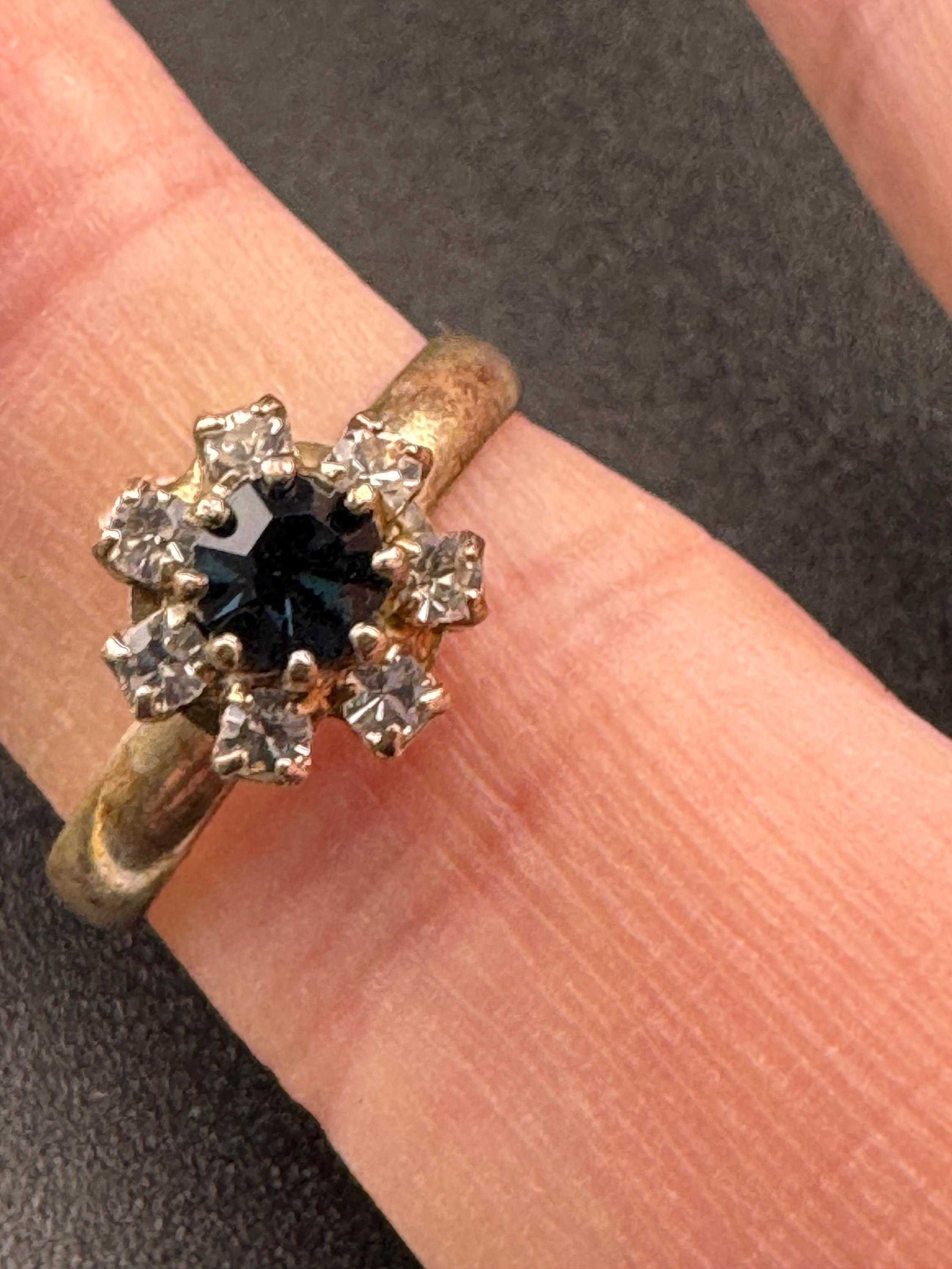 Dark Sapphire blue glass diamanté vintage dainty dress ring gold tone Adjustable mid century