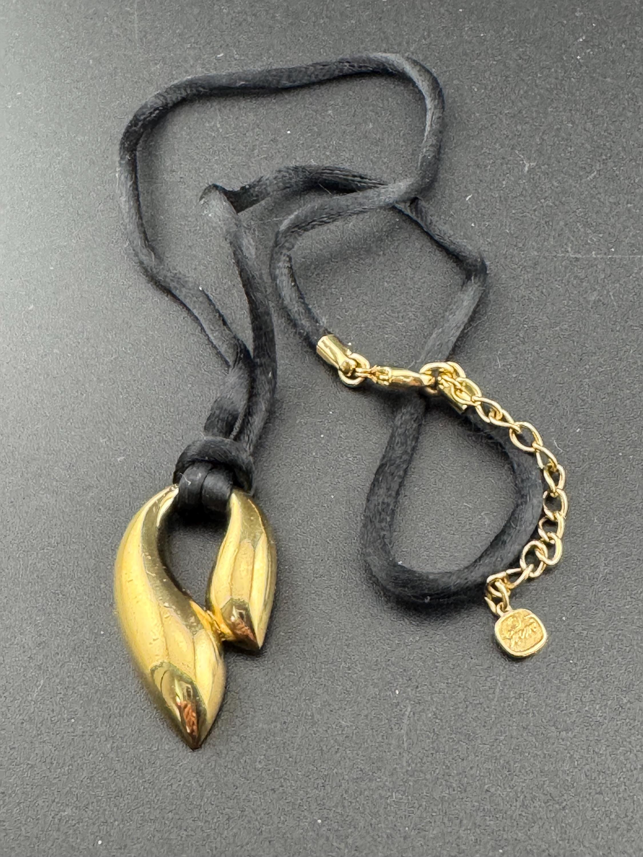 signed GROSSE Designer retro gold plated pendant necklace on black fabric cord chain