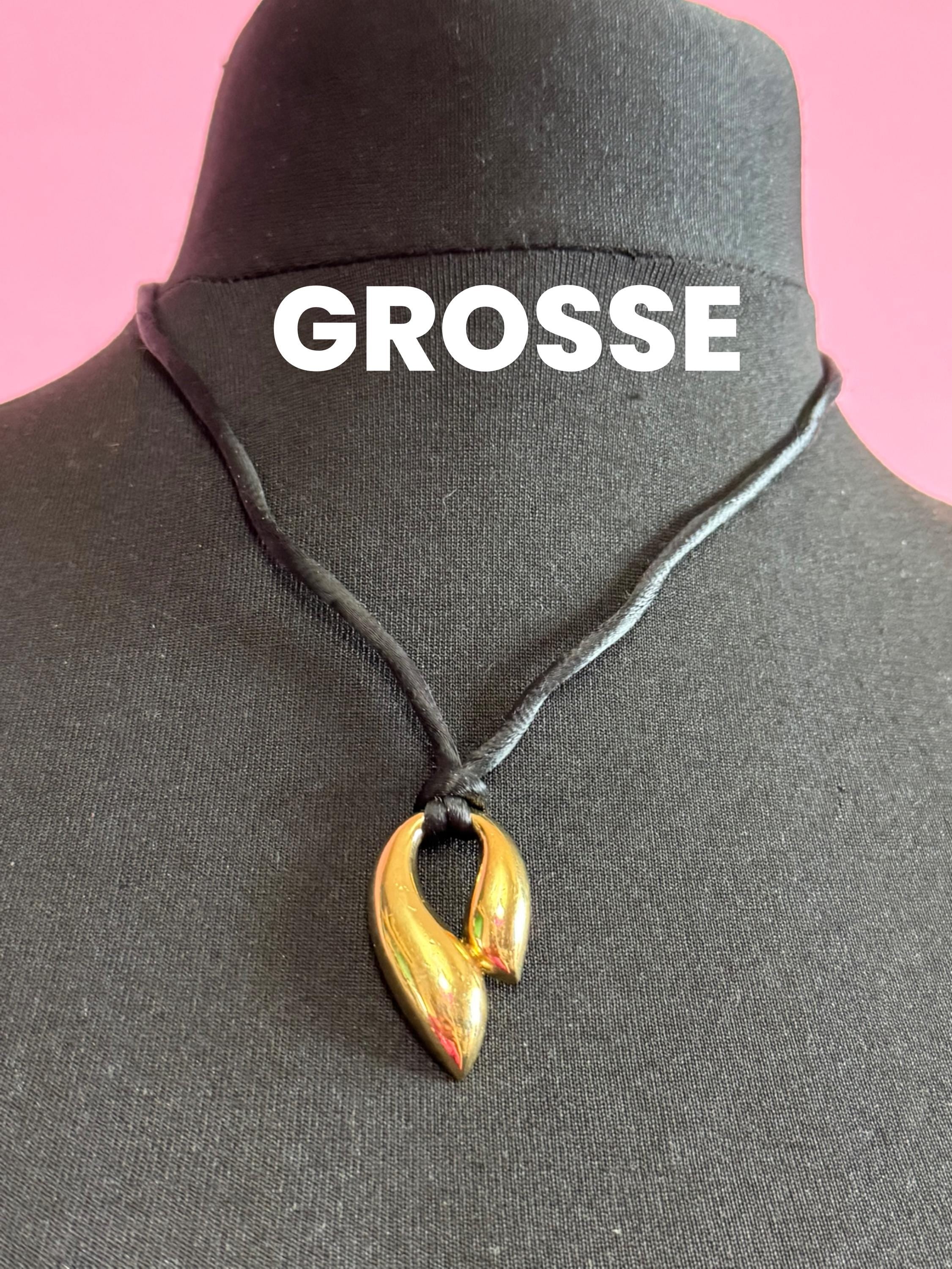 signed GROSSE Designer retro gold plated pendant necklace on black fabric cord chain