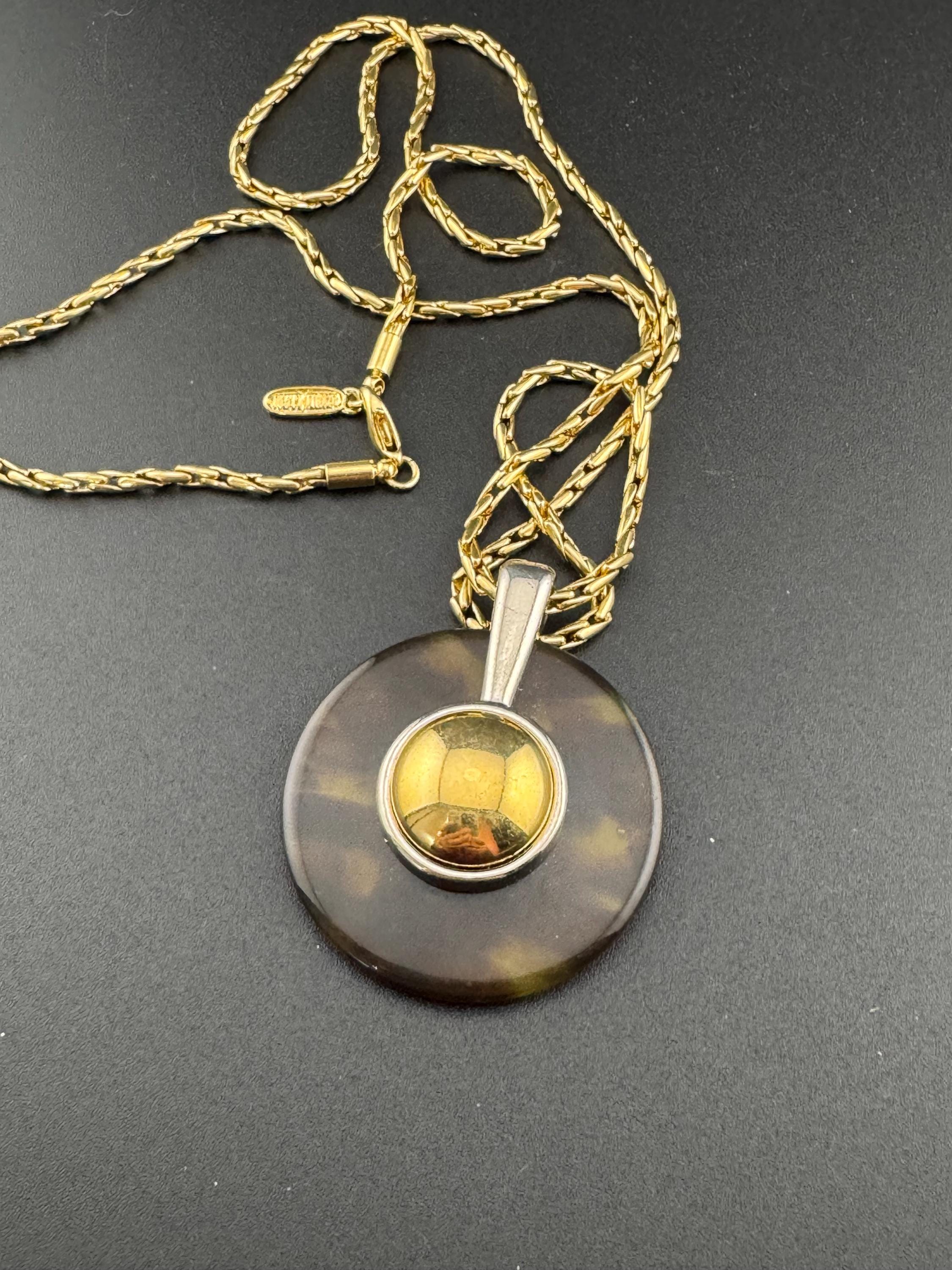 Signed David Grau Vintage gold plated long gold chain necklace with faux tortoiseshell round pendant 80cm, Barcelona designer