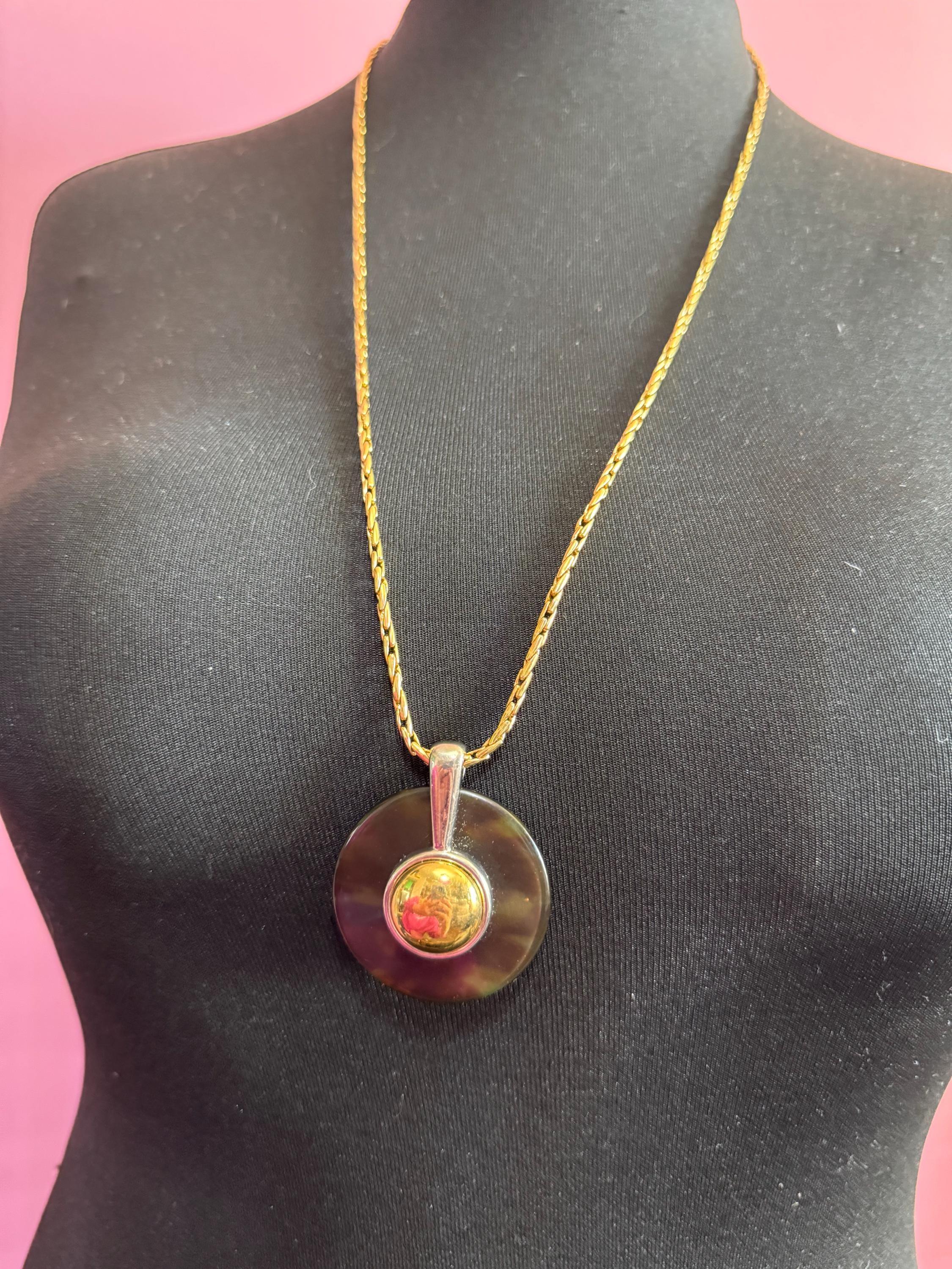 Signed David Grau Vintage gold plated long gold chain necklace with faux tortoiseshell round pendant 80cm, Barcelona designer