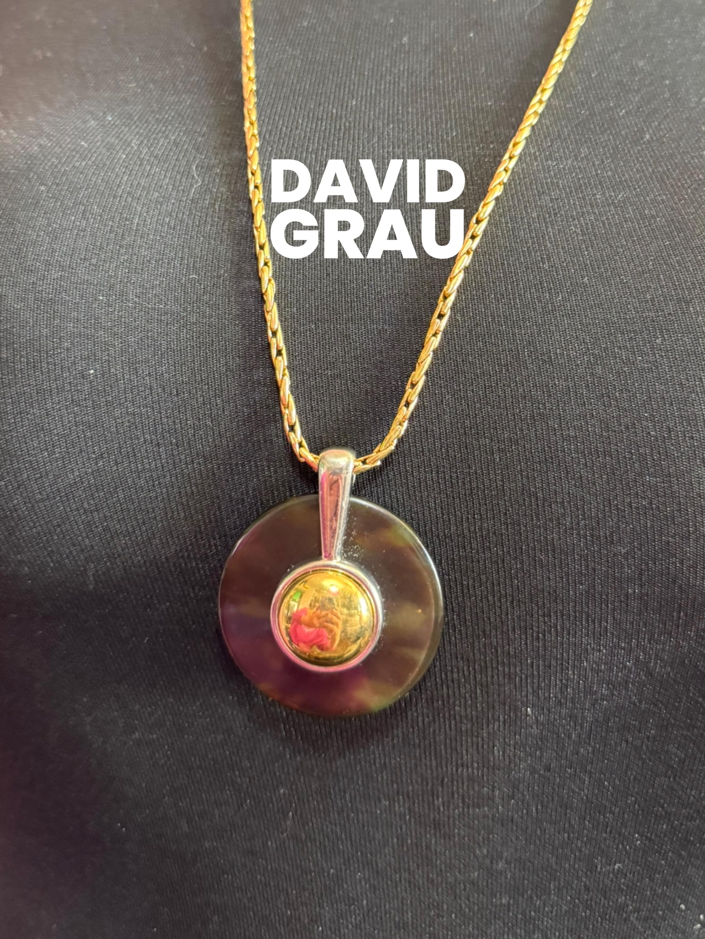 Signed David Grau Vintage gold plated long gold chain necklace with faux tortoiseshell round pendant 80cm, Barcelona designer