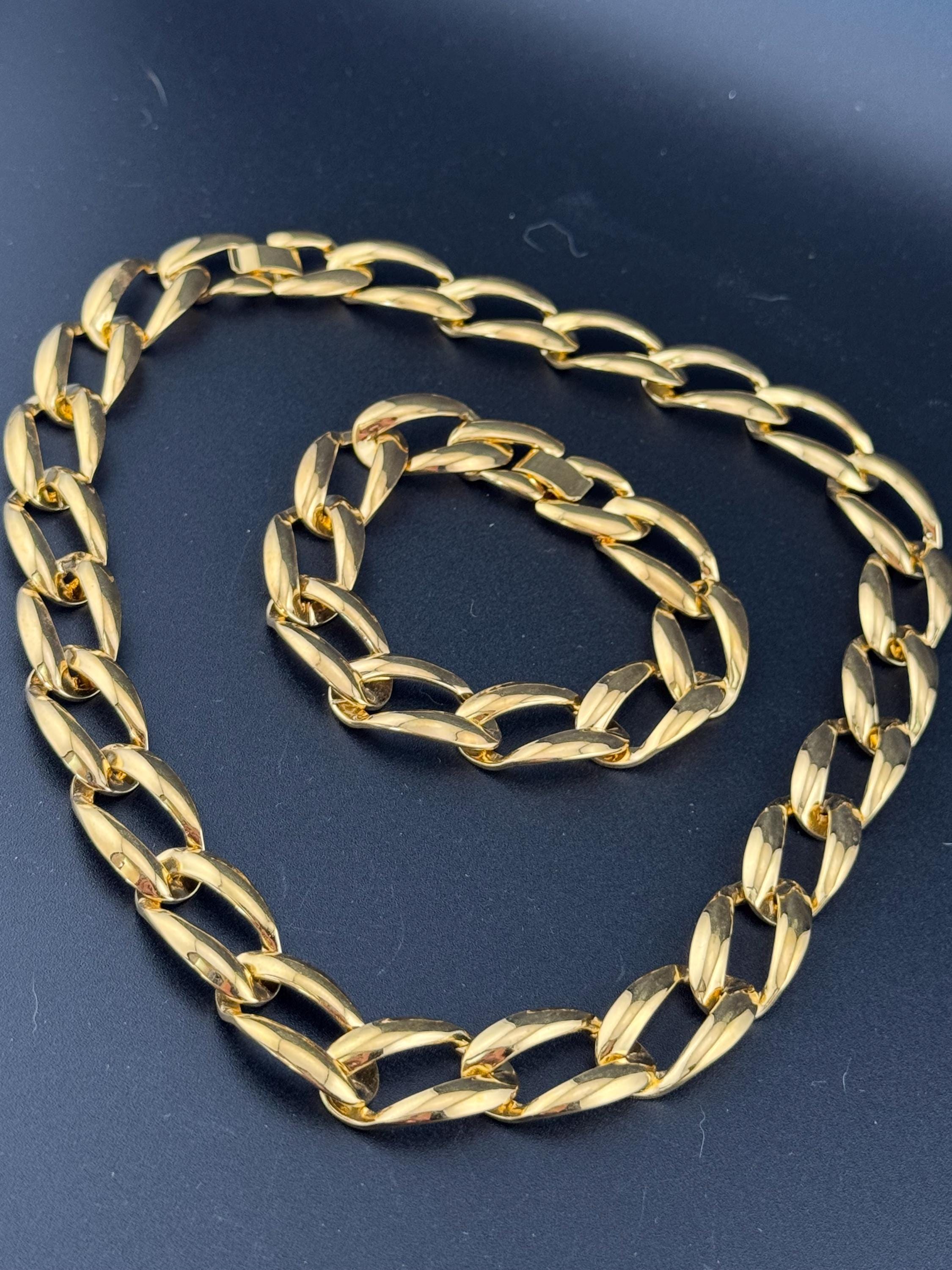 1990s vintage gold tone chunky wide chain link collar necklace and matching bracelet jewellery set