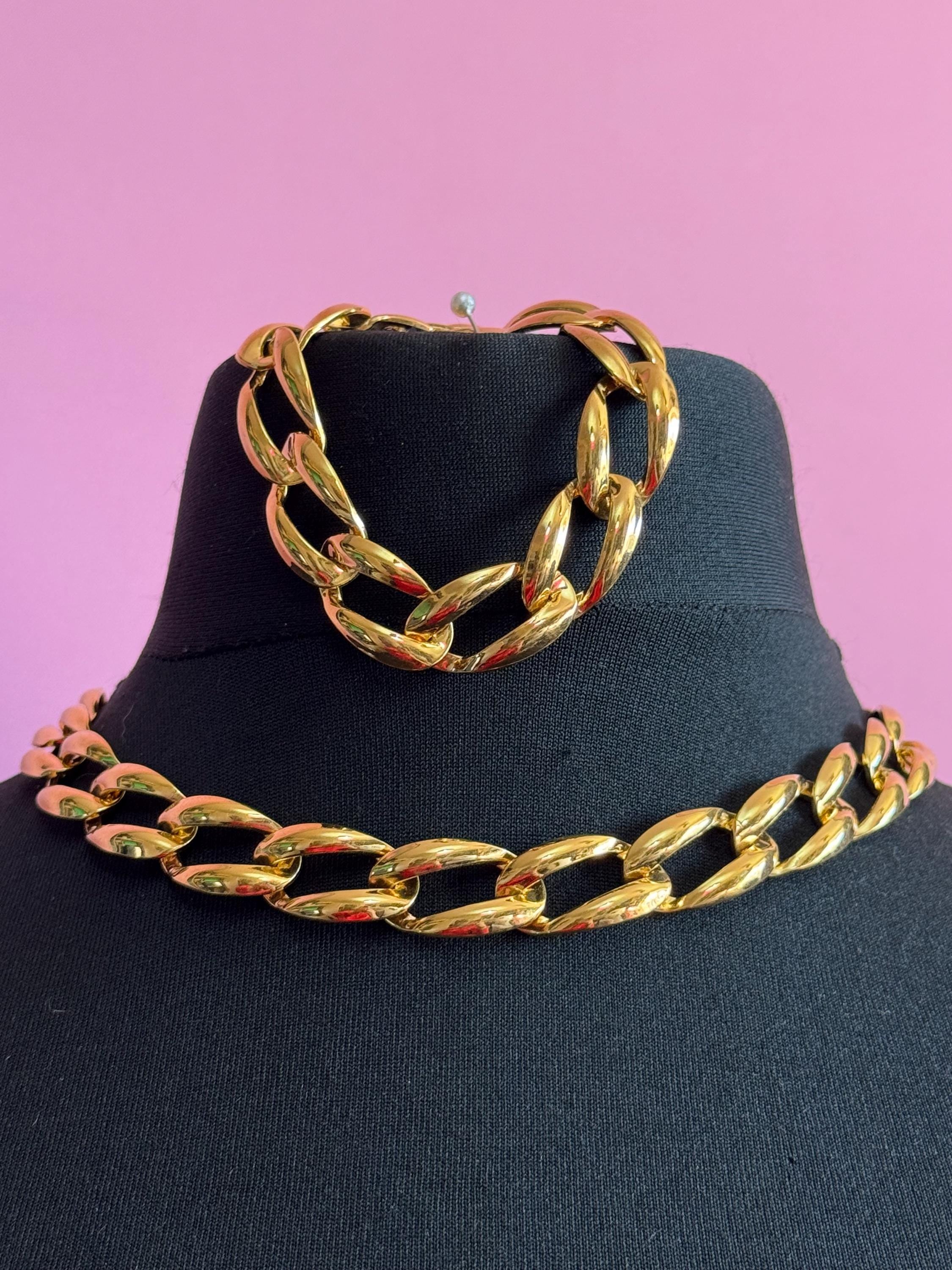 1990s vintage gold tone chunky wide chain link collar necklace and matching bracelet jewellery set