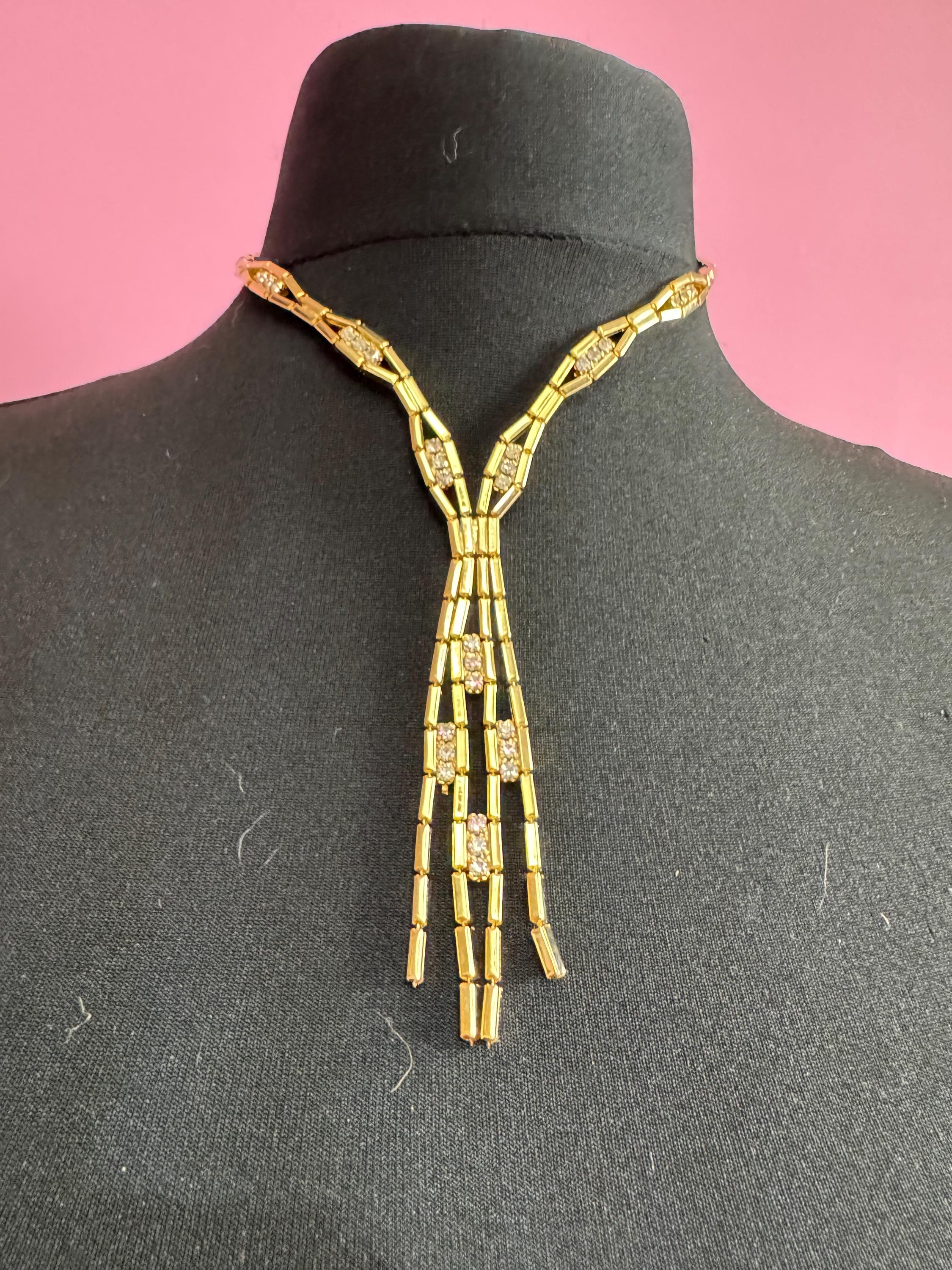 Vintage gold tone mesh & Clear Crystal diamanté waterfall lariat necklace 1970s old shop stock