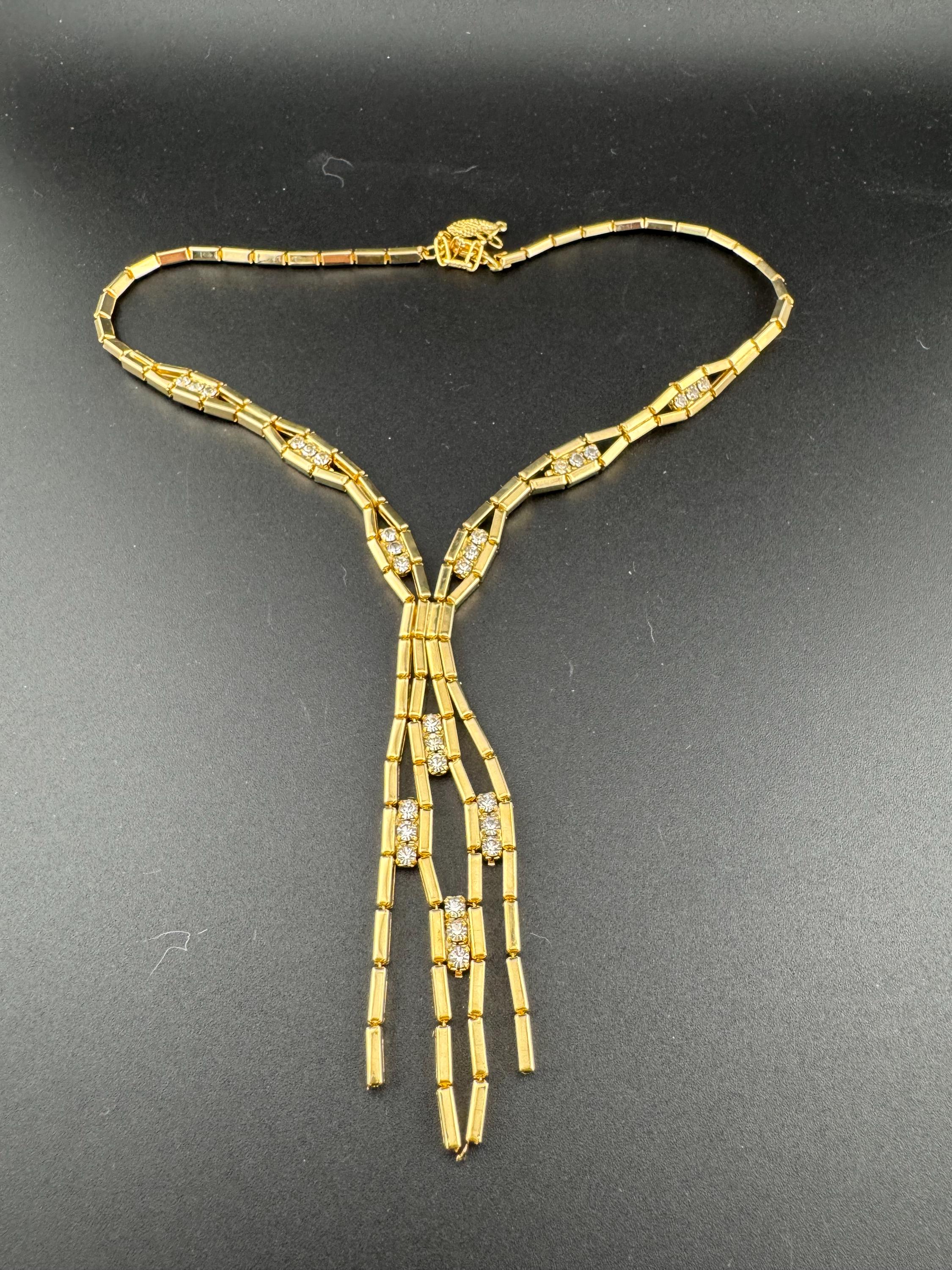 Vintage gold tone mesh & Clear Crystal diamanté waterfall lariat necklace 1970s old shop stock