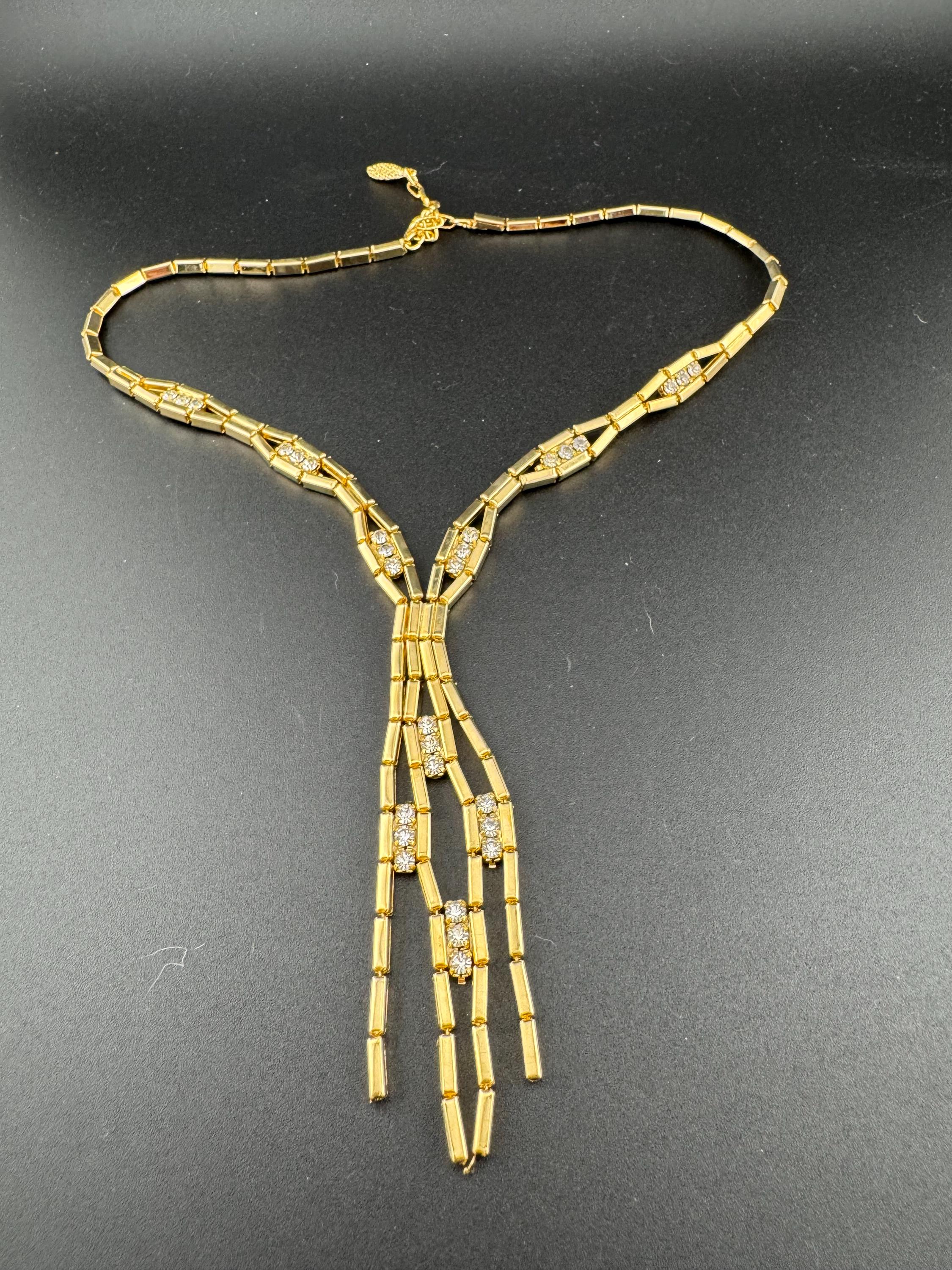 Vintage gold tone mesh & Clear Crystal diamanté waterfall lariat necklace 1970s old shop stock