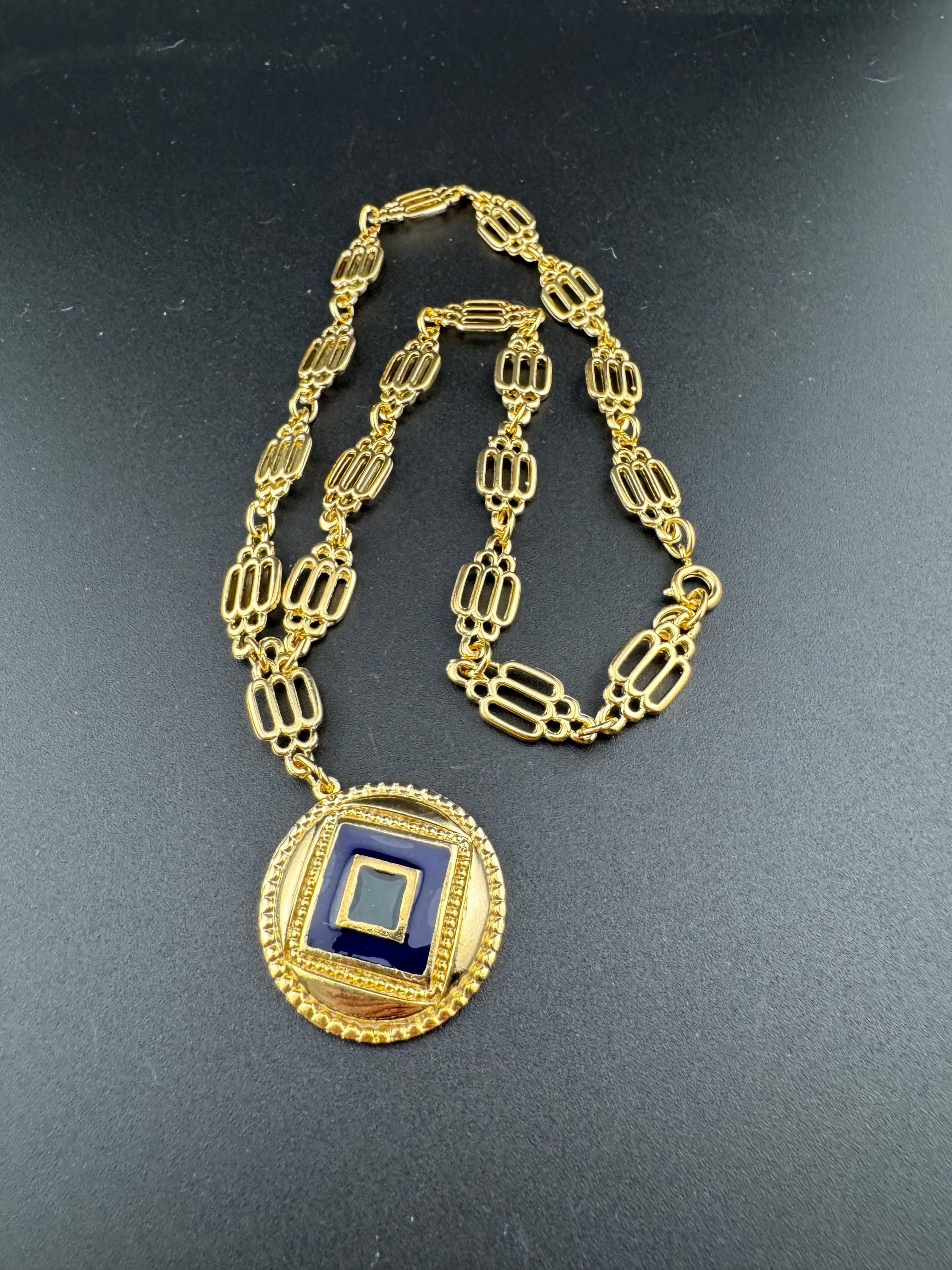 vintage navy blue and green enamel medallion pendant on fine fancy link Etruscan chain 44cm old shop stock