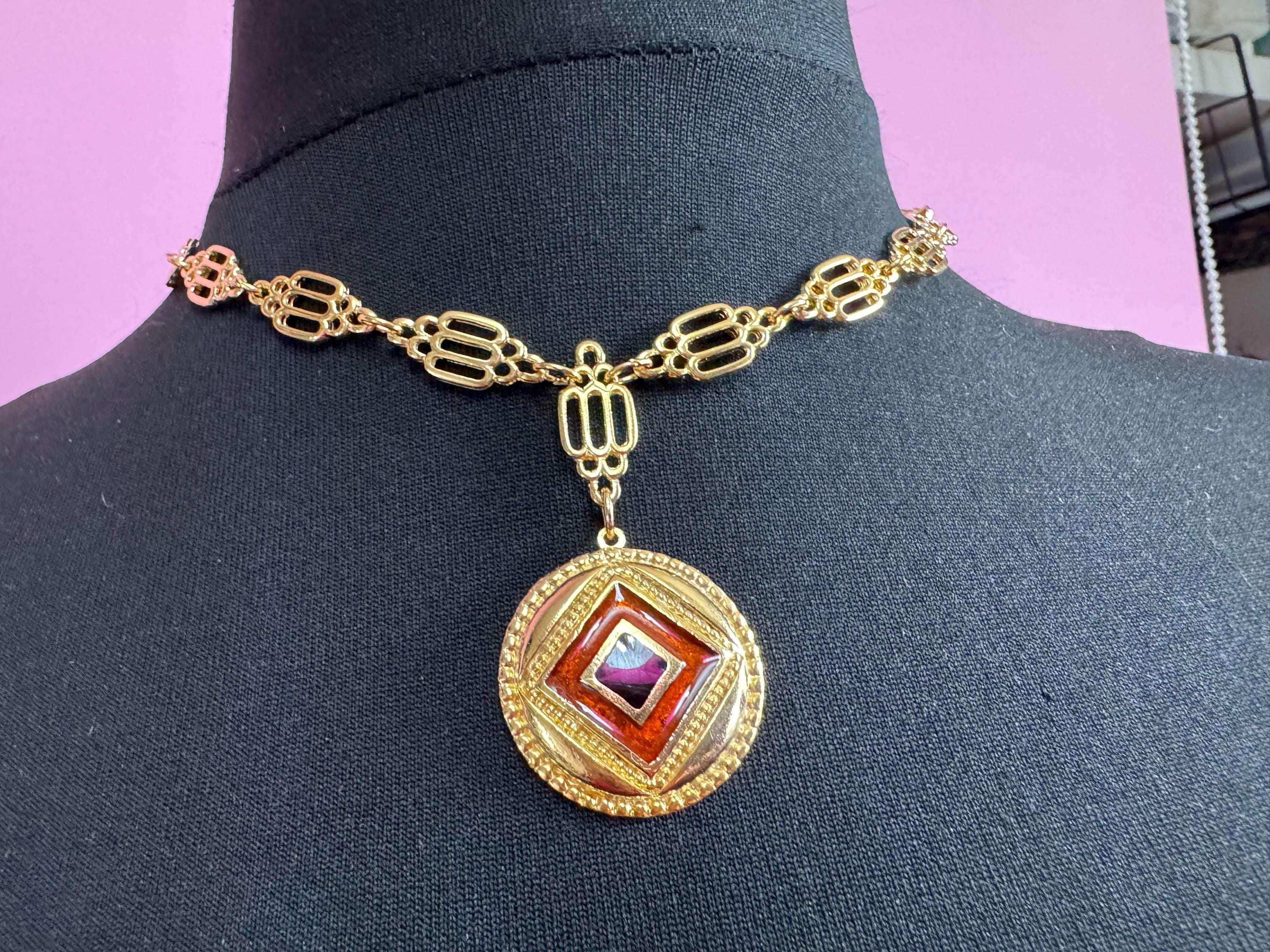 High End vintage black and brown enamel medallion pendant on fine fancy link Etruscan chain 44cm old shop stock