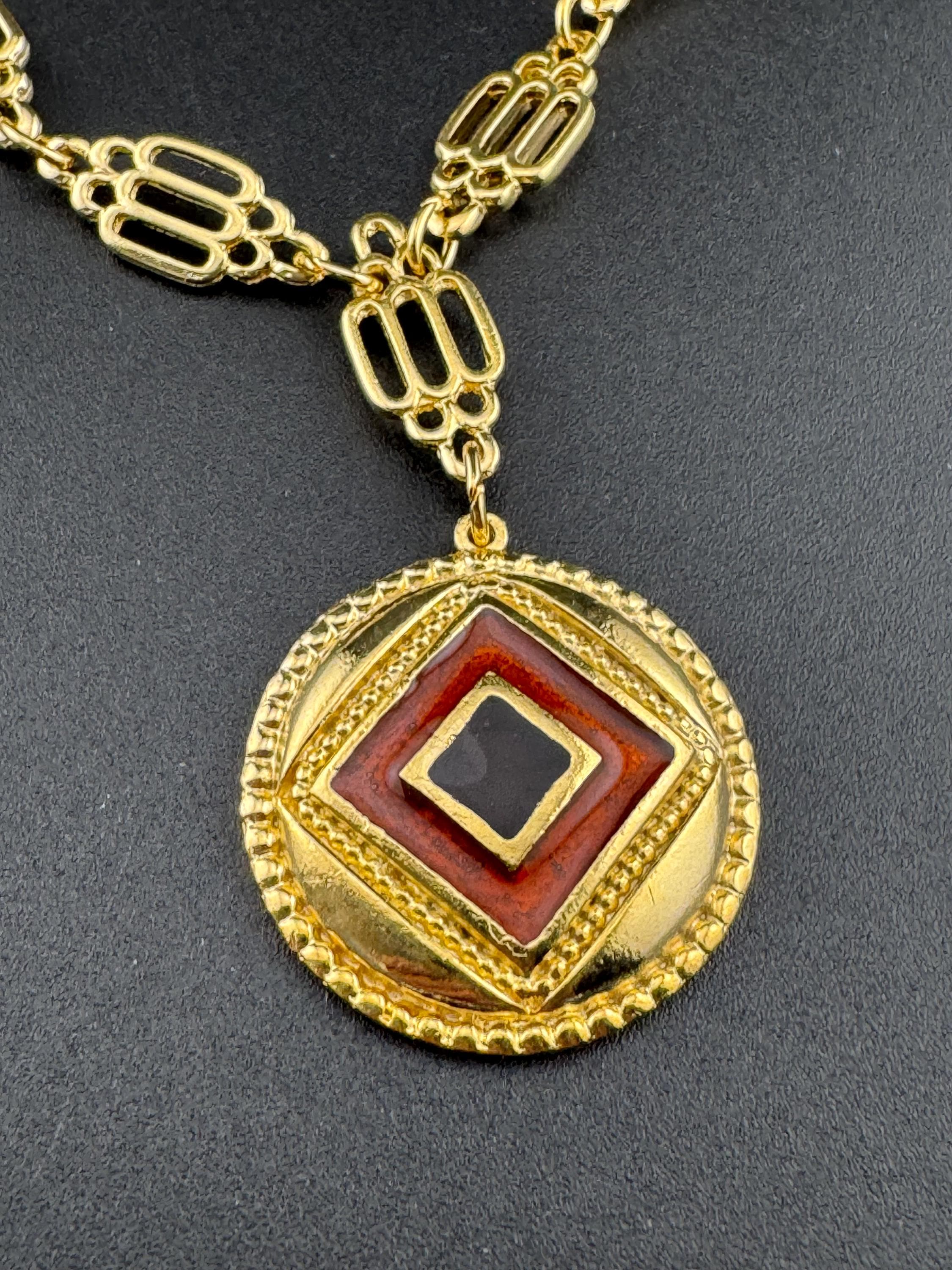 High End vintage black and brown enamel medallion pendant on fine fancy link Etruscan chain 44cm old shop stock