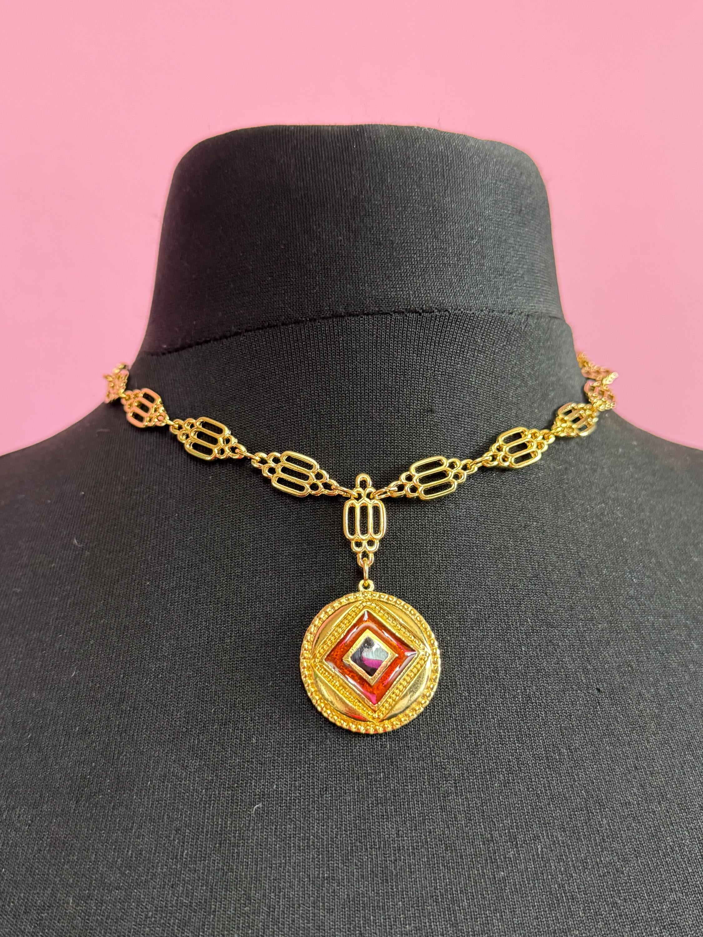 High End vintage black and brown enamel medallion pendant on fine fancy link Etruscan chain 44cm old shop stock