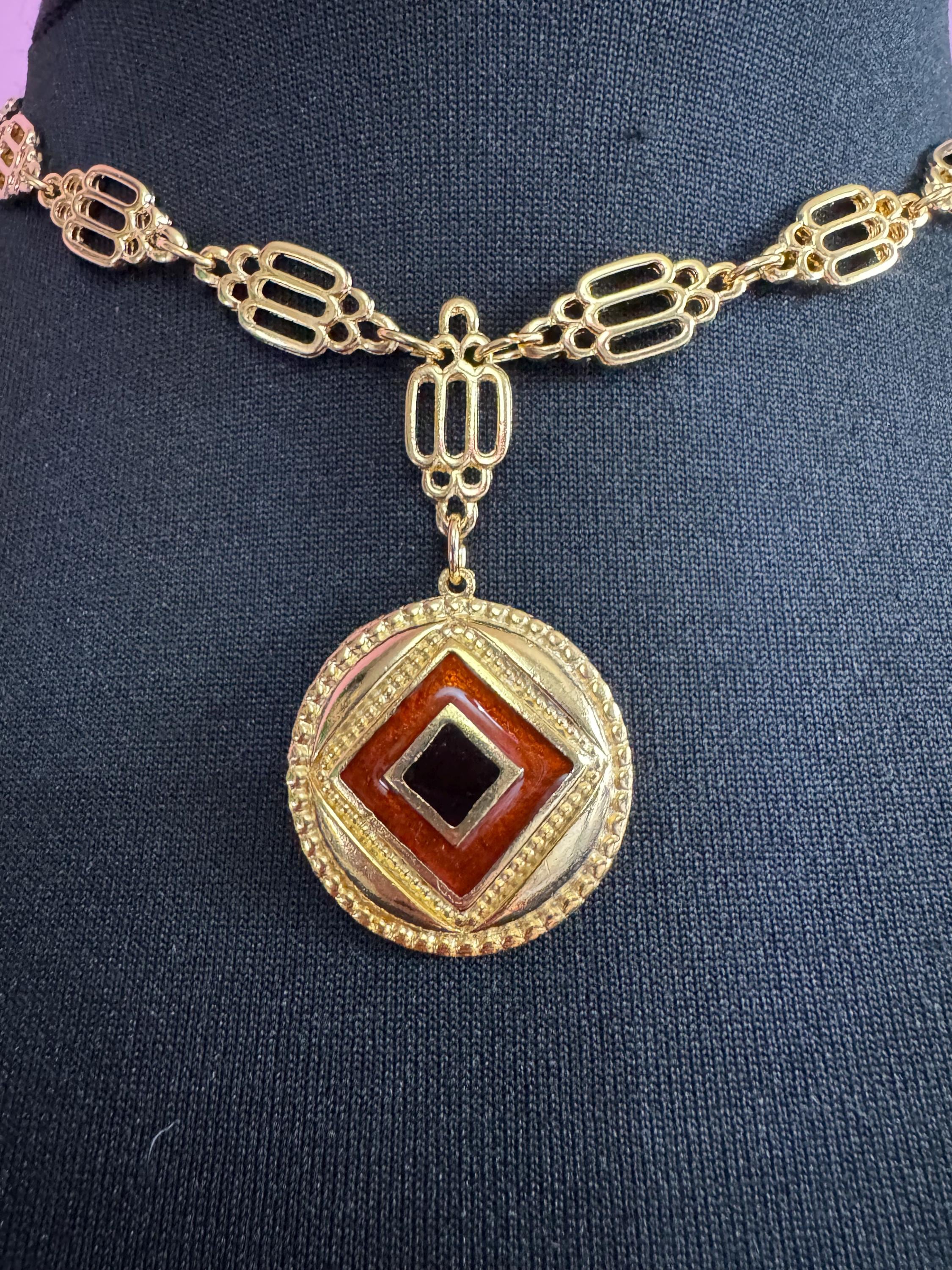 High End vintage black and brown enamel medallion pendant on fine fancy link Etruscan chain 44cm old shop stock