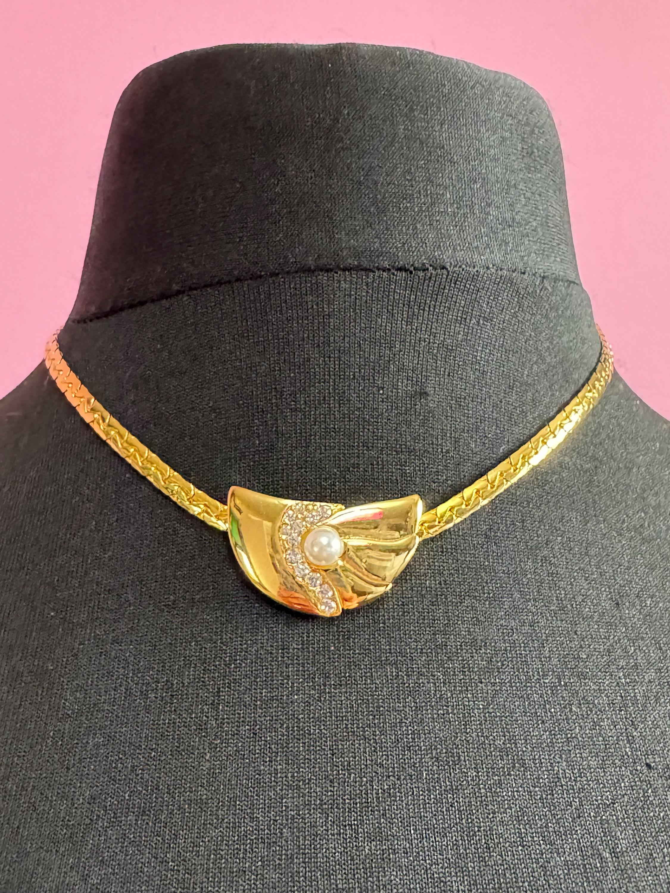 vintage modernist fine gold plated choker necklace with clear crystal and faux pearl pendant detail old shop stock