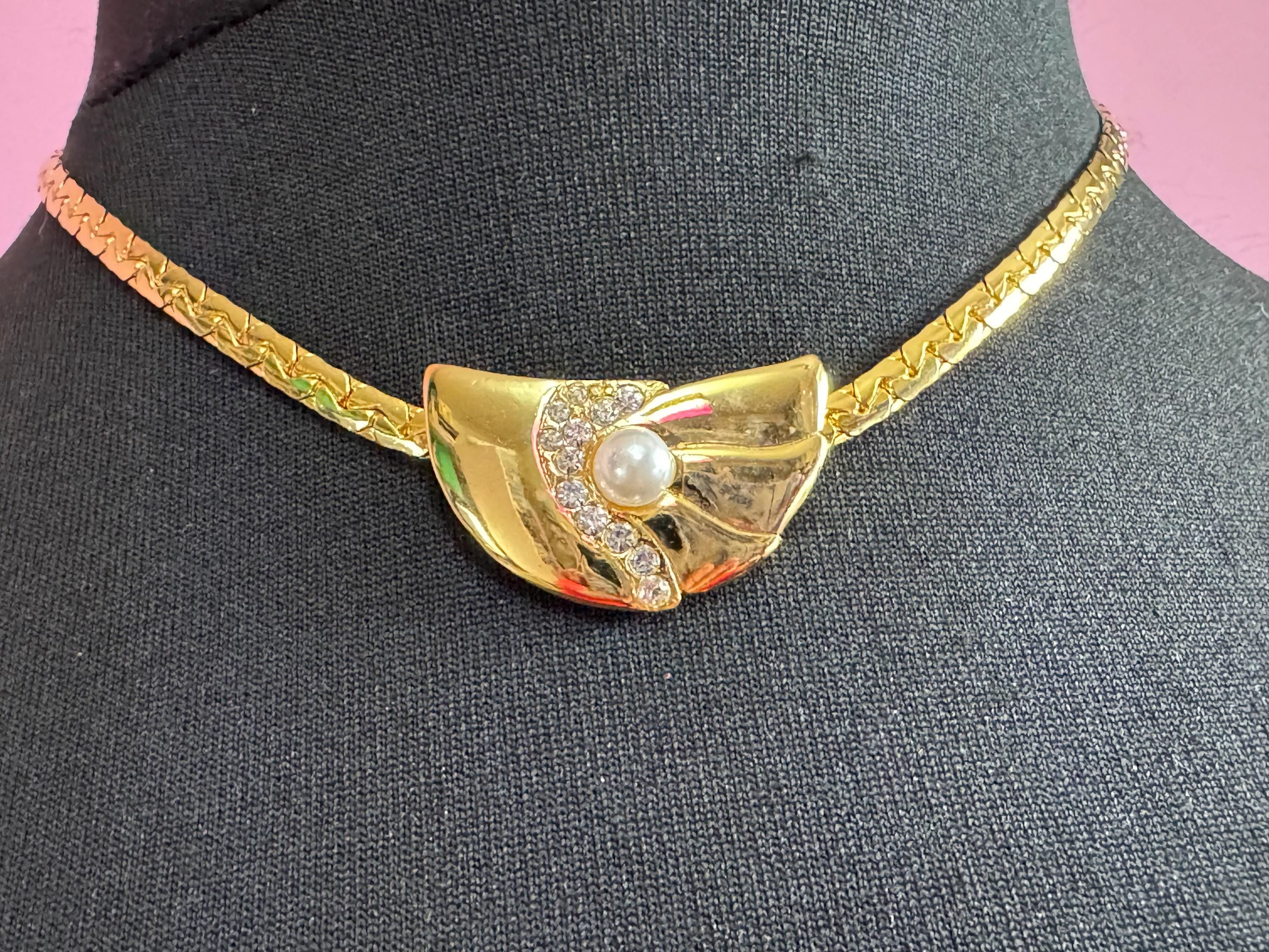 vintage modernist fine gold plated choker necklace with clear crystal and faux pearl pendant detail old shop stock