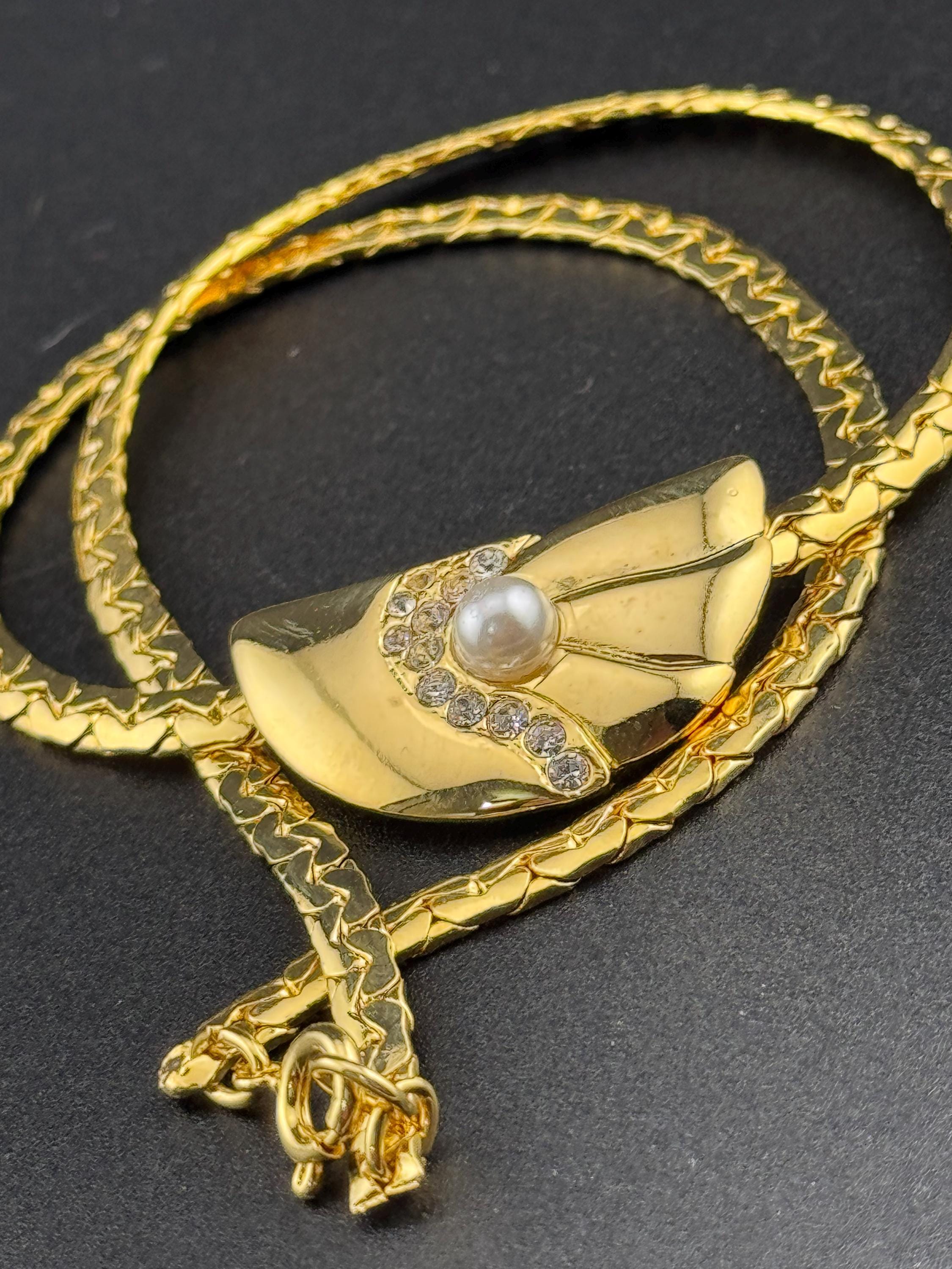 vintage modernist fine gold plated choker necklace with clear crystal and faux pearl pendant detail old shop stock