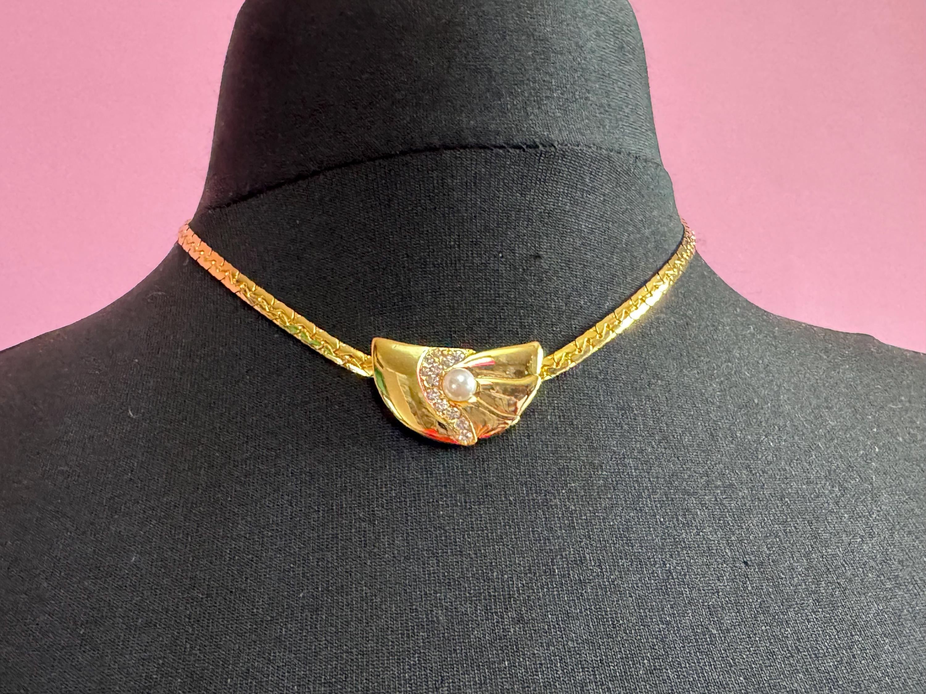 vintage modernist fine gold plated choker necklace with clear crystal and faux pearl pendant detail old shop stock