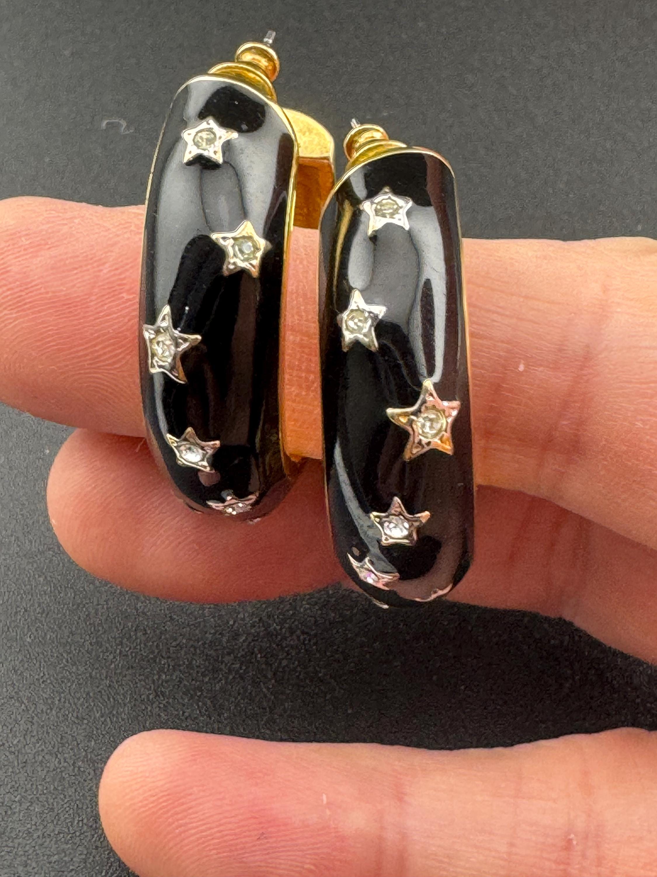 Y2K Black enamel stars with clear diamanté Clip On Earrings hoop studs earrings for pierced ears