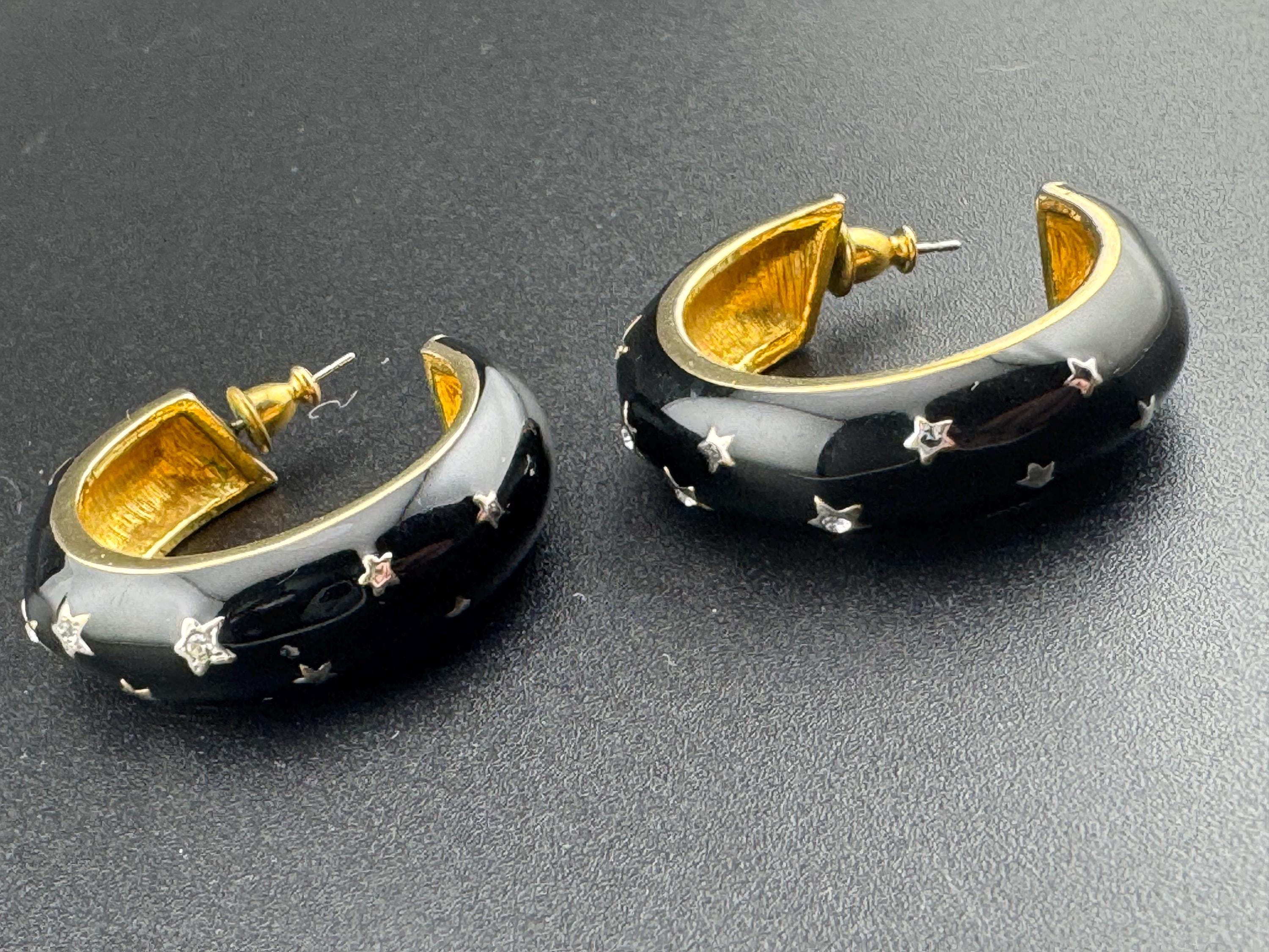 Y2K Black enamel stars with clear diamanté Clip On Earrings hoop studs earrings for pierced ears