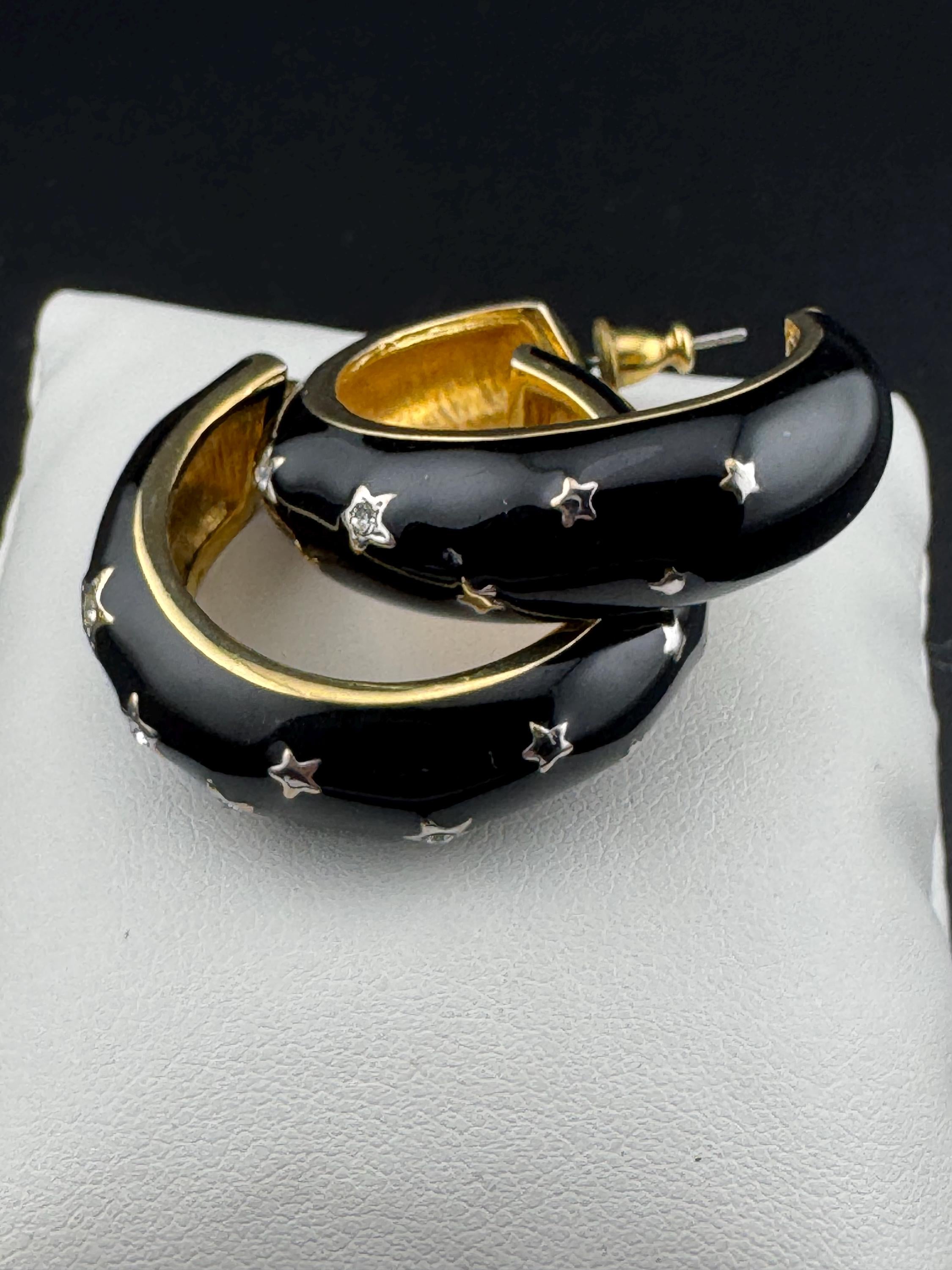 Y2K Black enamel stars with clear diamanté Clip On Earrings hoop studs earrings for pierced ears