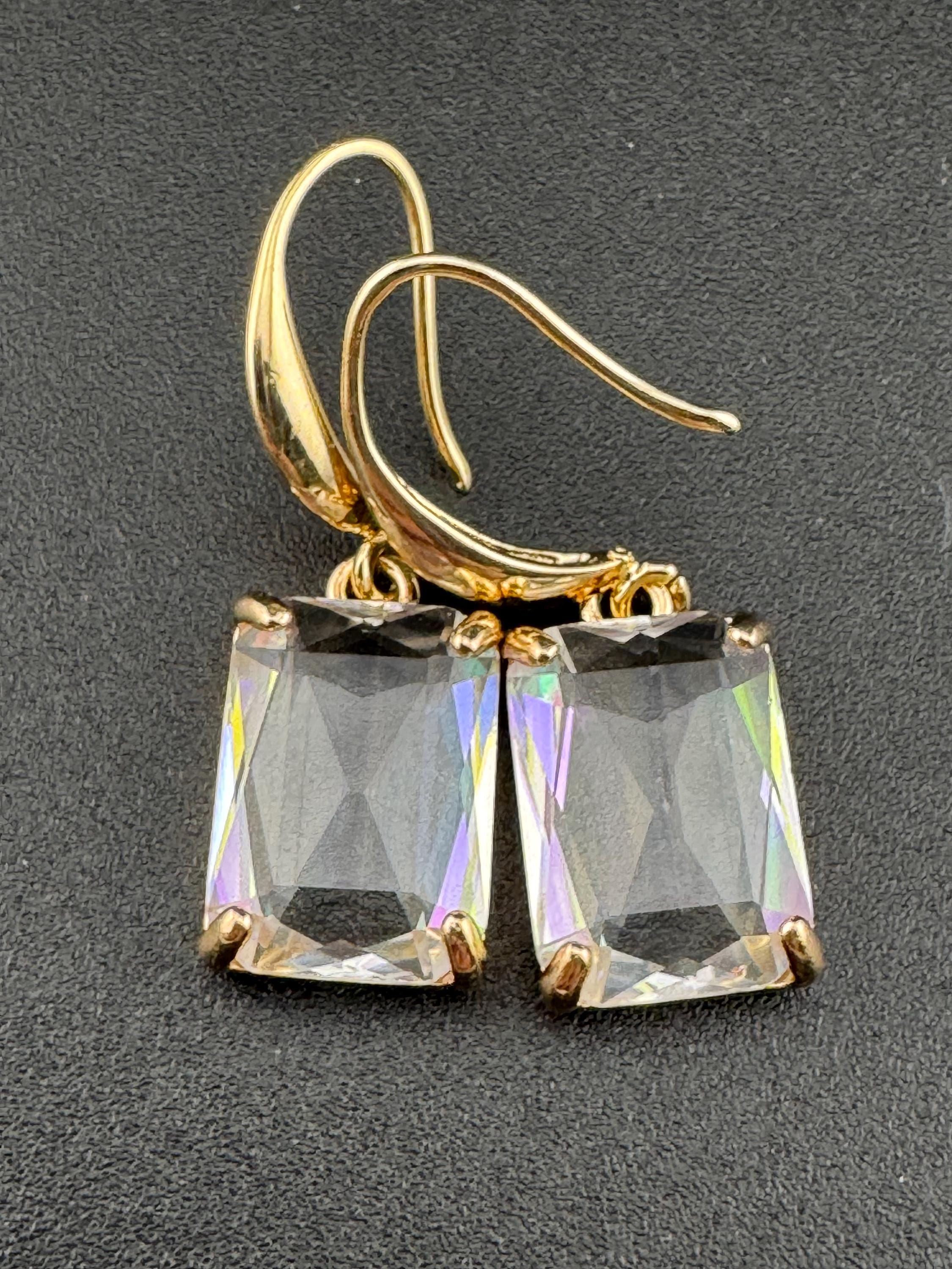 large rectangular rainbow shine crystal diamanté earrings for pierced ears Gold plated