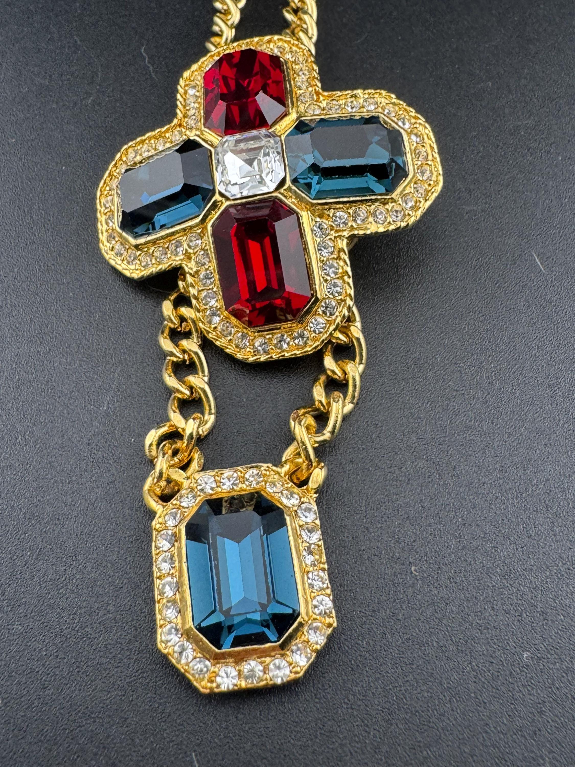 Vintage 1980s Swarovski crystal set sapphire diamanté octagonal pendant necklace with matching ruby sapphire cross brooch old shop stock