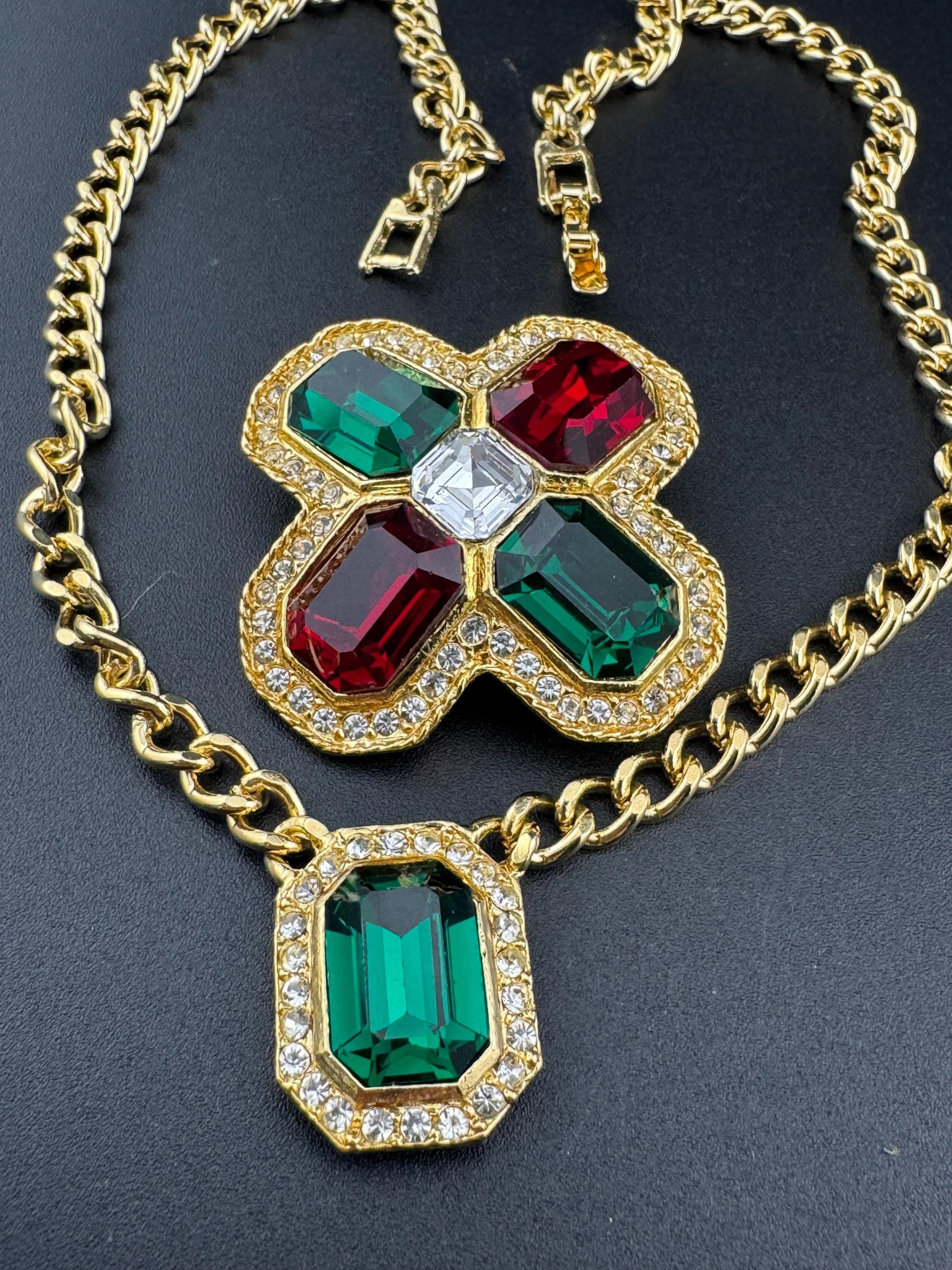 Vintage 1980s Swarovski crystal set emerald diamanté octagonal pendant necklace with matching ruby emerald cross brooch old shop stock