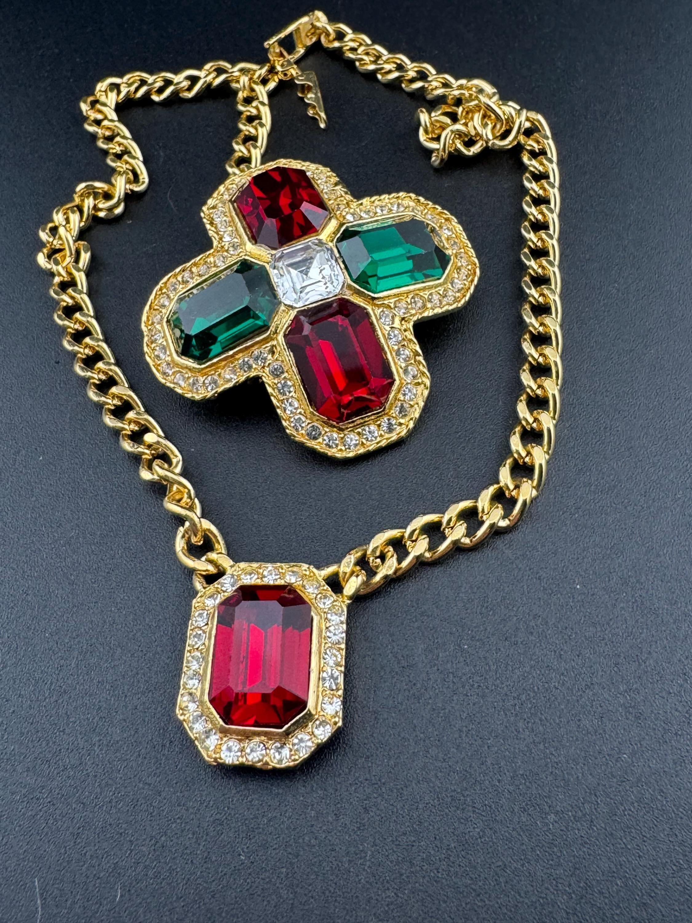 Vintage 1980s Swarovski crystal set ruby red diamanté octagonal pendant necklace with matching ruby emerald cross brooch old shop stock