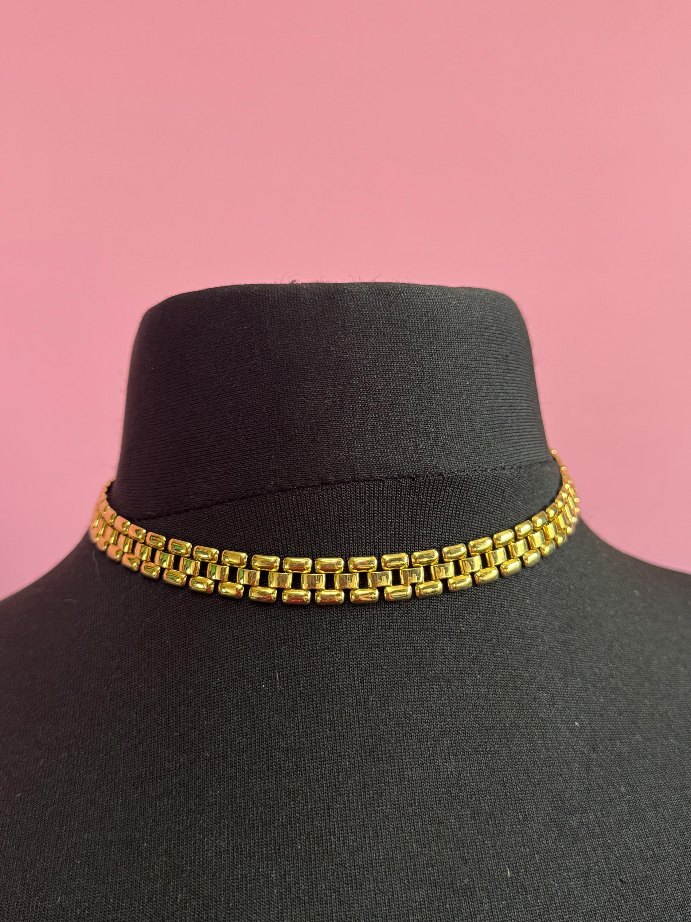 Retro 1980s slim panther link gold tone choker necklace