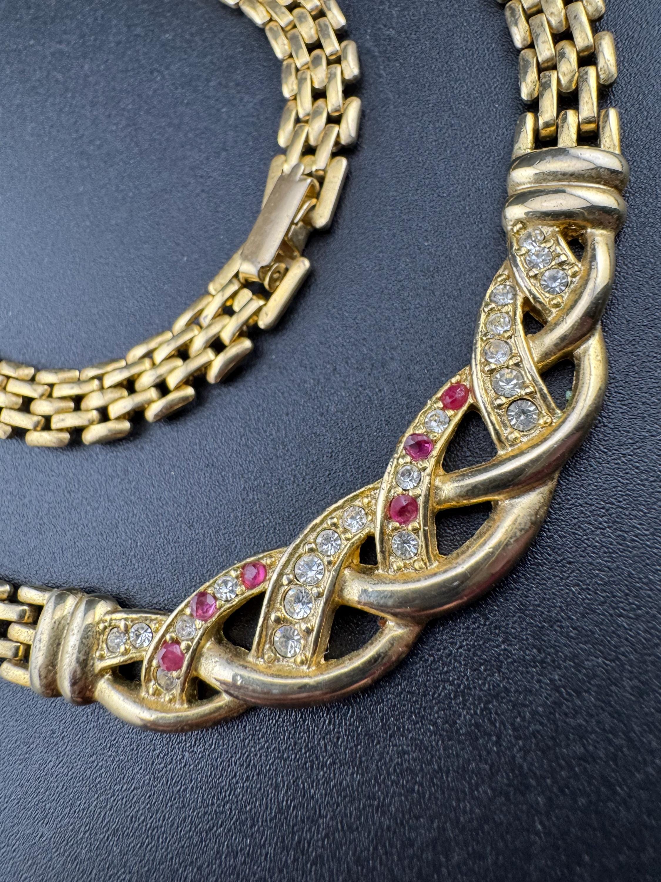 Retro 1980s slim panther link pink crystal diamanté gold tone choker necklace 47cm