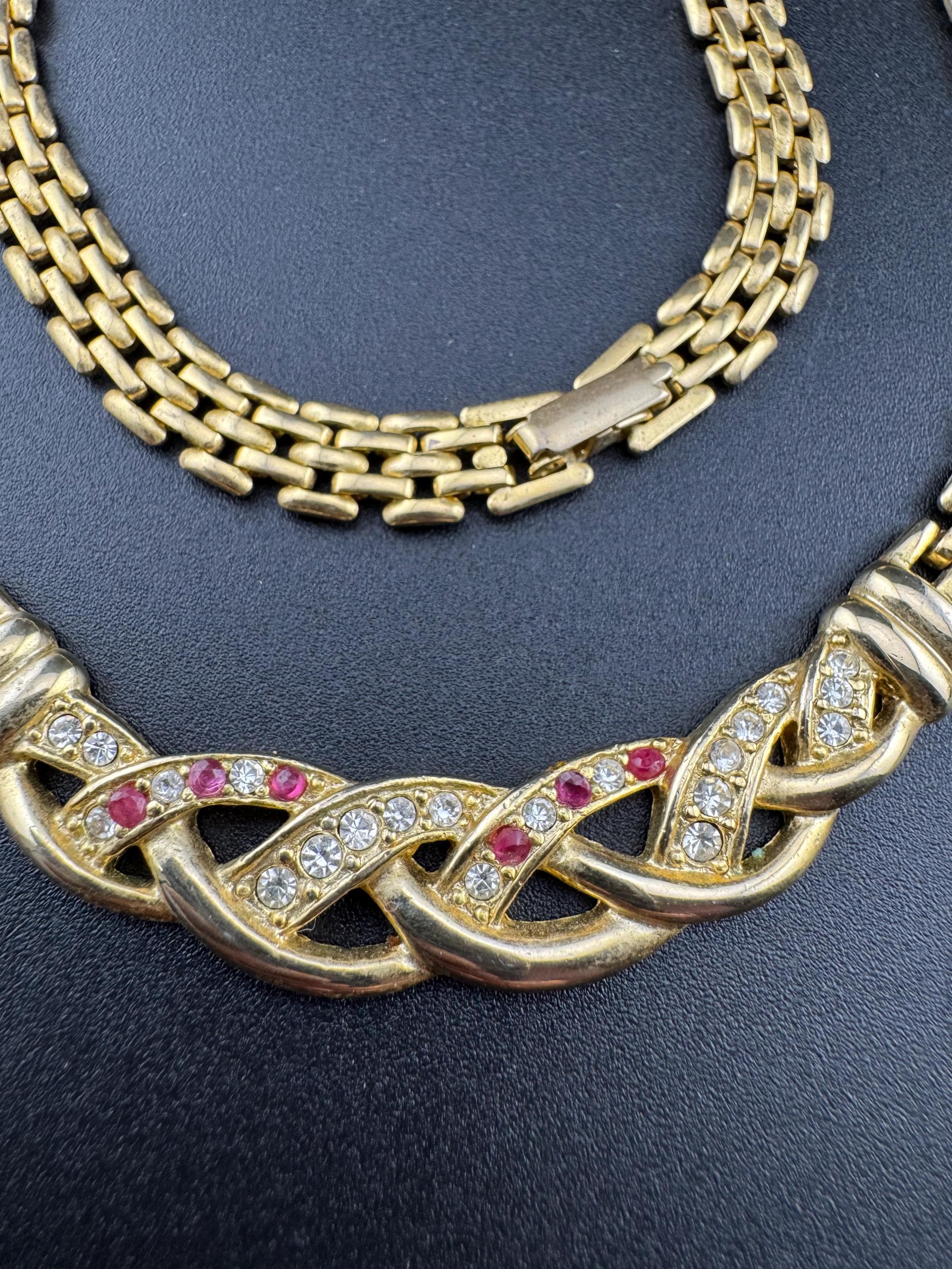 Retro 1980s slim panther link pink crystal diamanté gold tone choker necklace 47cm