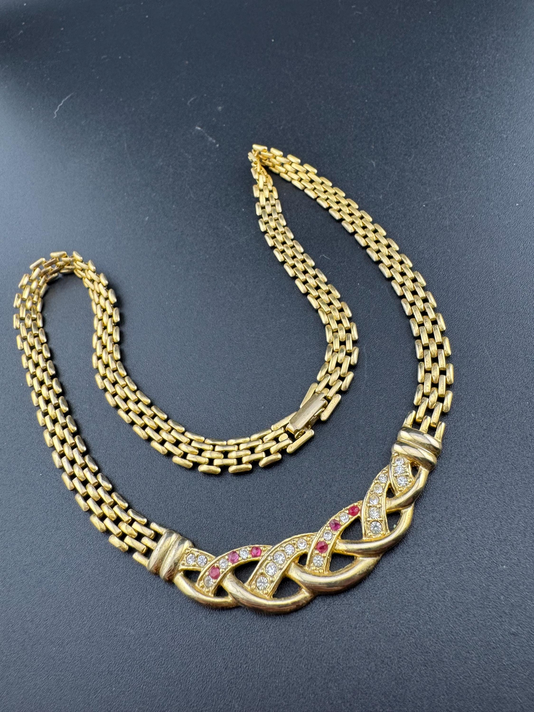 Retro 1980s slim panther link pink crystal diamanté gold tone choker necklace 47cm