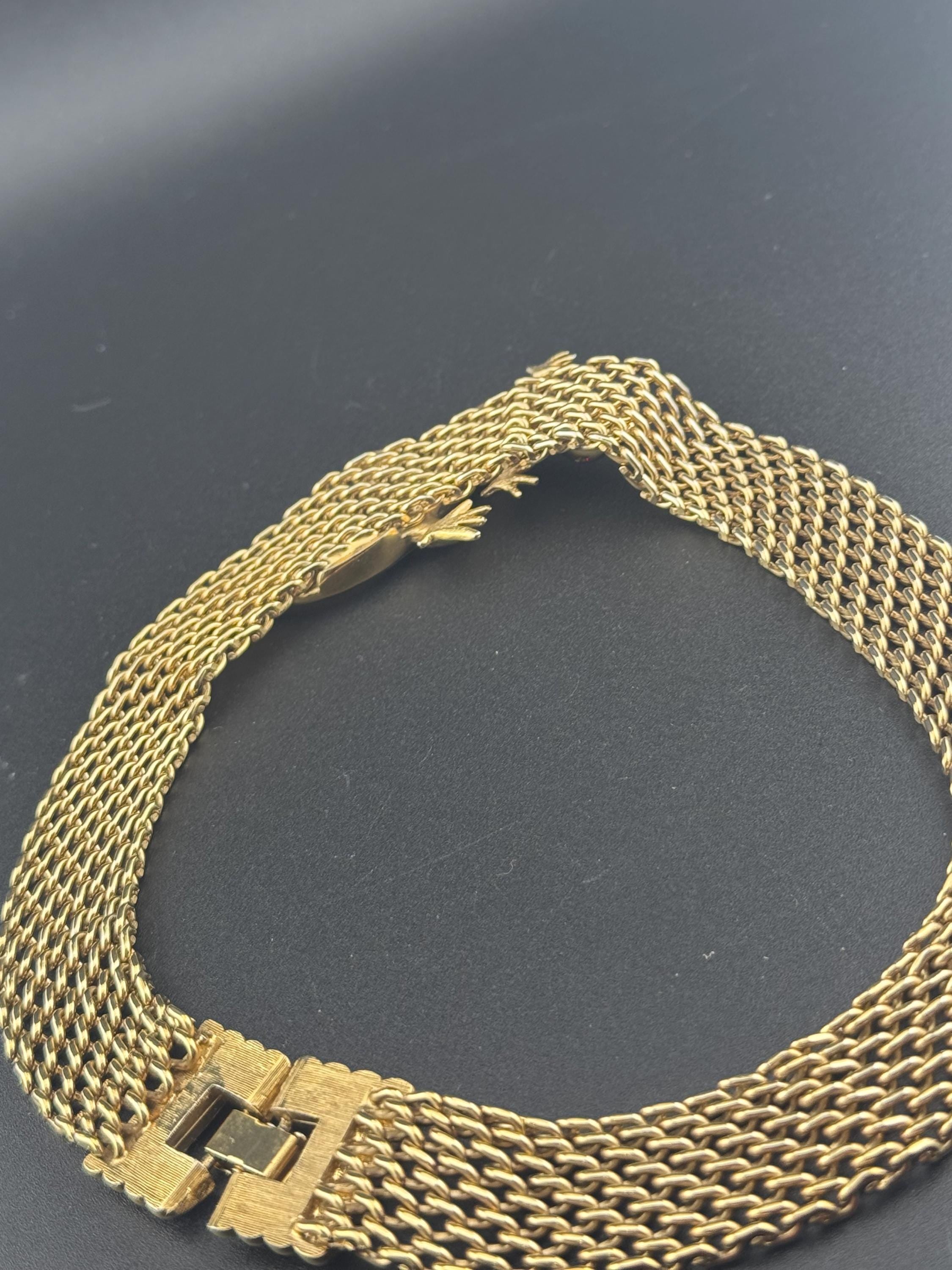 Retro 1980s wide panther link gold tone choker necklace with black enamel lizard detail 43cm