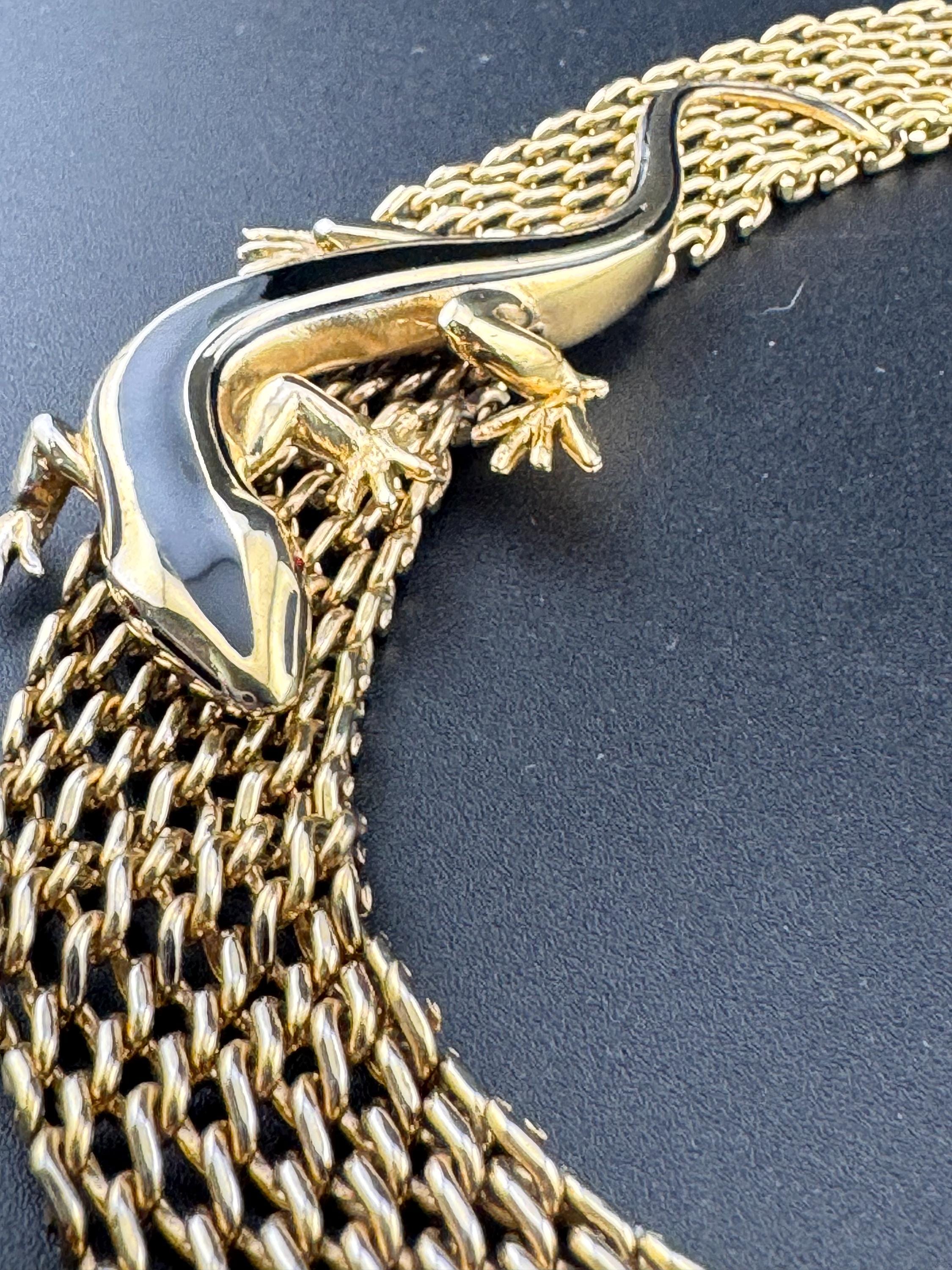 Retro 1980s wide panther link gold tone choker necklace with black enamel lizard detail 43cm