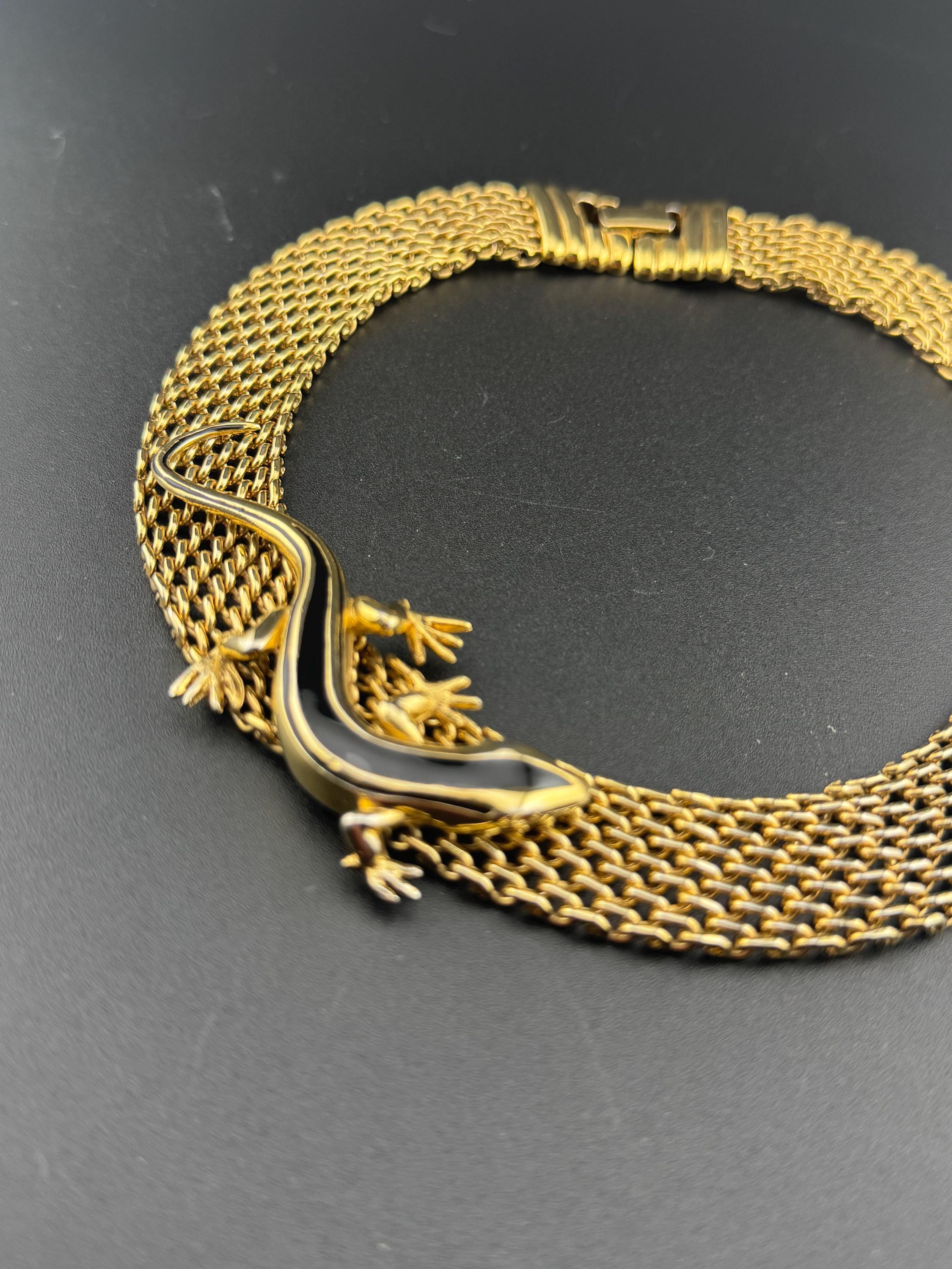 Retro 1980s wide panther link gold tone choker necklace with black enamel lizard detail 43cm