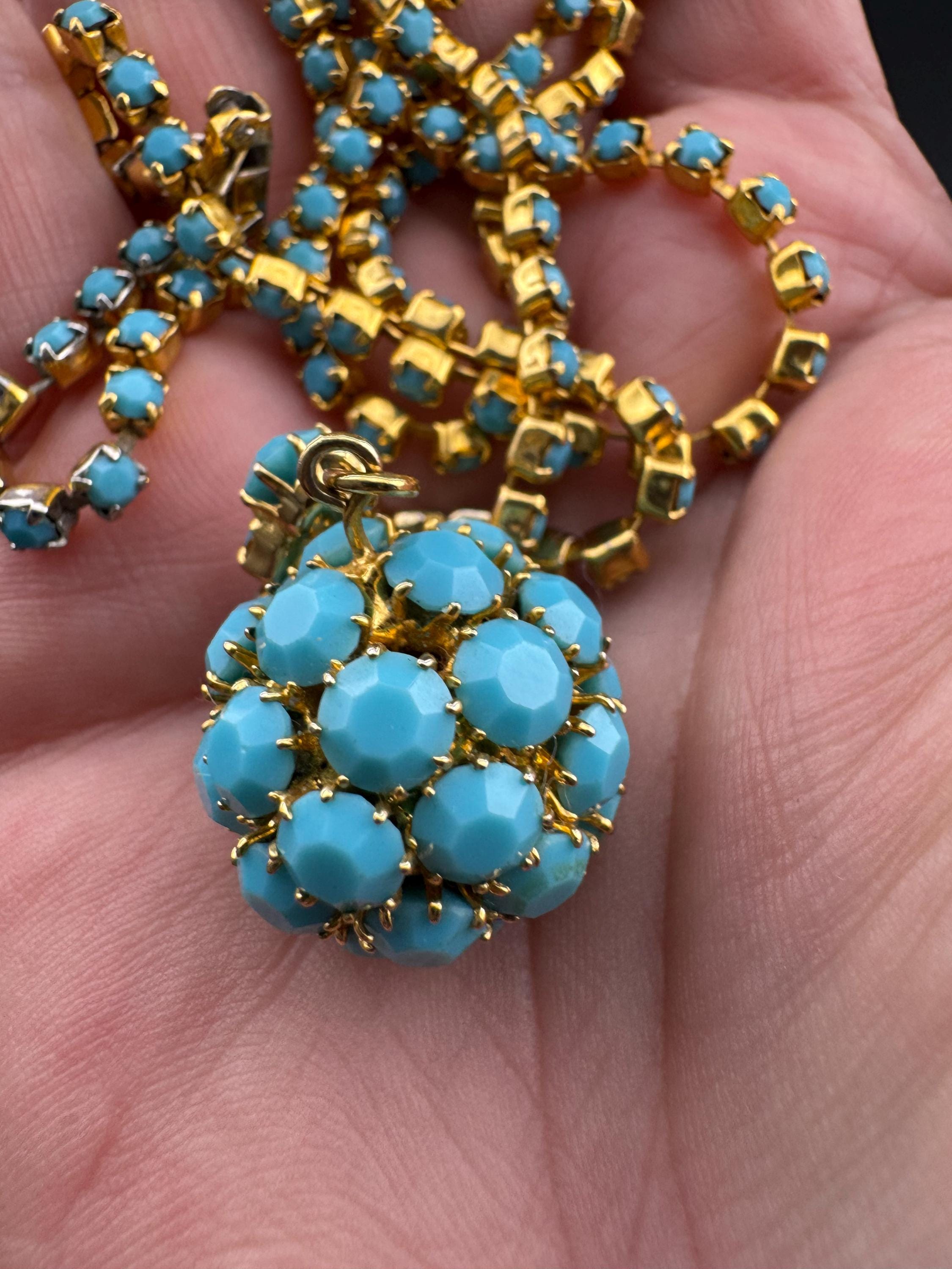 Vintage 1960s 1970s gold tone lariat drop necklace with turquoise glass paste ball pendant 75cm long