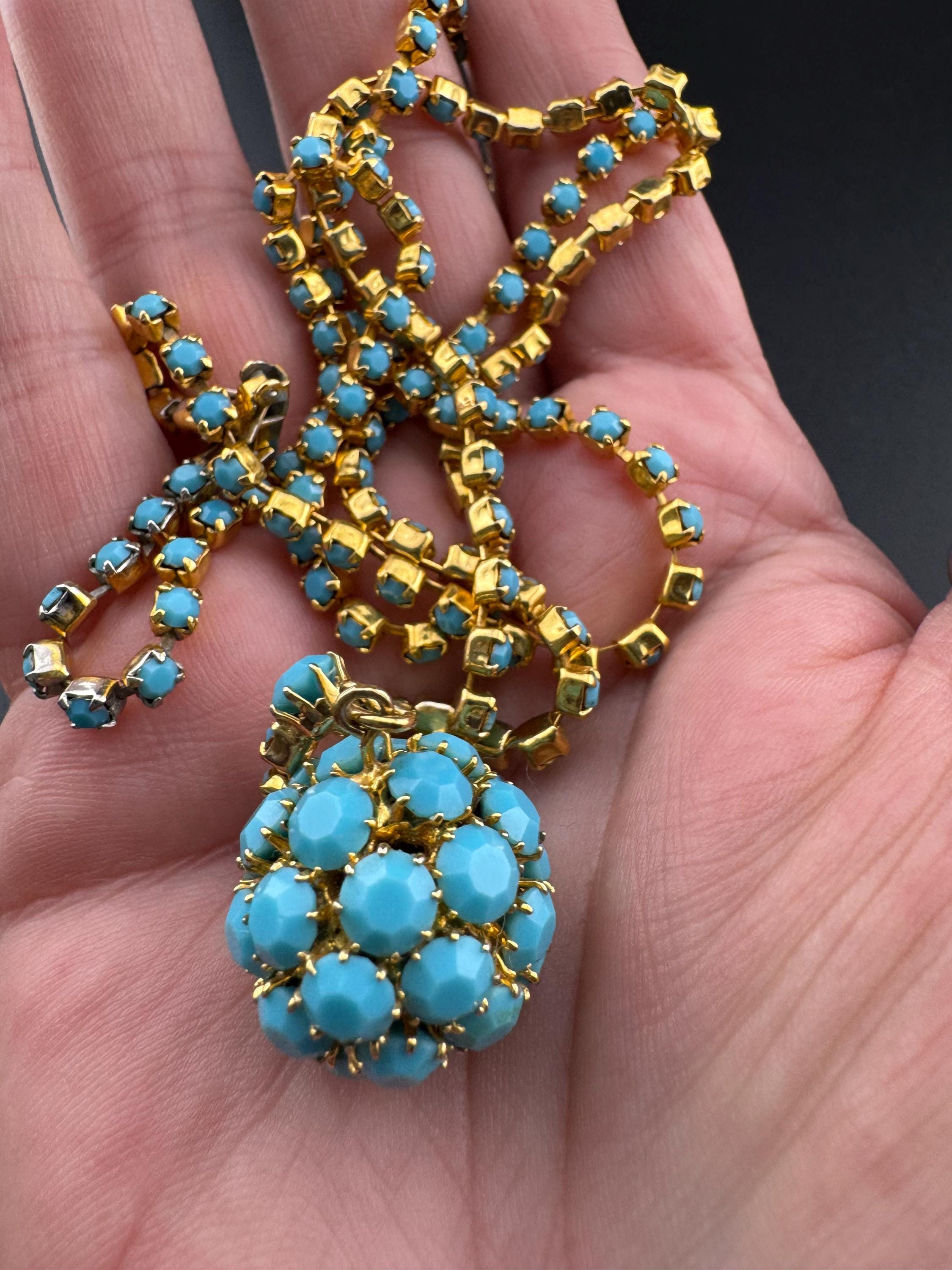 Vintage 1960s 1970s gold tone lariat drop necklace with turquoise glass paste ball pendant 75cm long