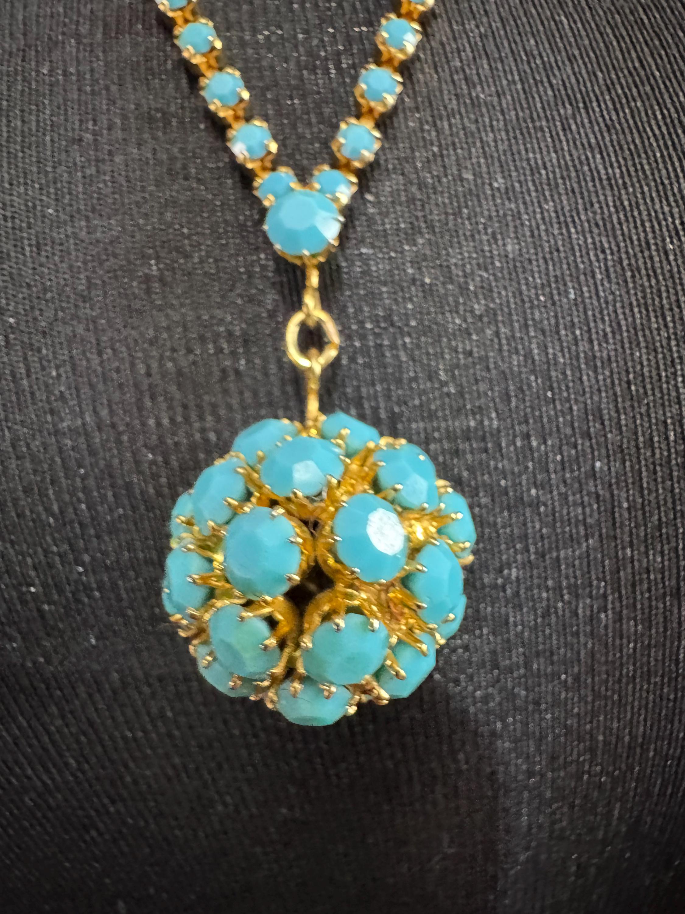 Vintage 1960s 1970s gold tone lariat drop necklace with turquoise glass paste ball pendant 75cm long