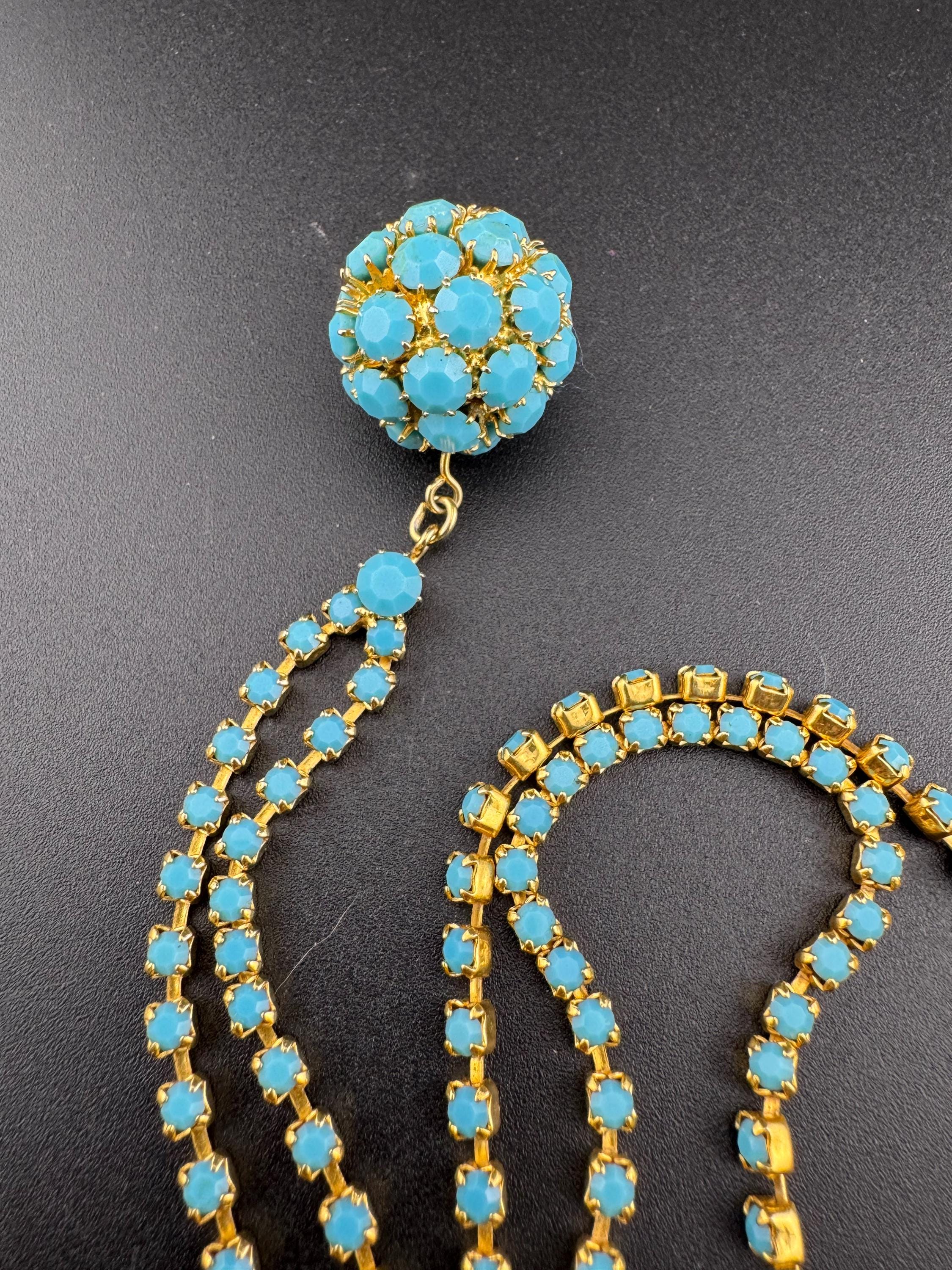 Vintage 1960s 1970s gold tone lariat drop necklace with turquoise glass paste ball pendant 75cm long